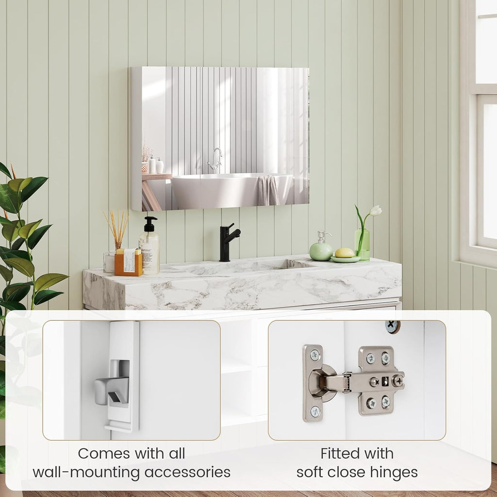 Giantex Bathroom Mirror Cabinet, Wall Mounted Medicine Cabinet with 3 Frameless Mirrored Doors & Mounting Hardware, Hanging Storage Cabinet for Recess or Surface Mount, 35.5” x 25.5”