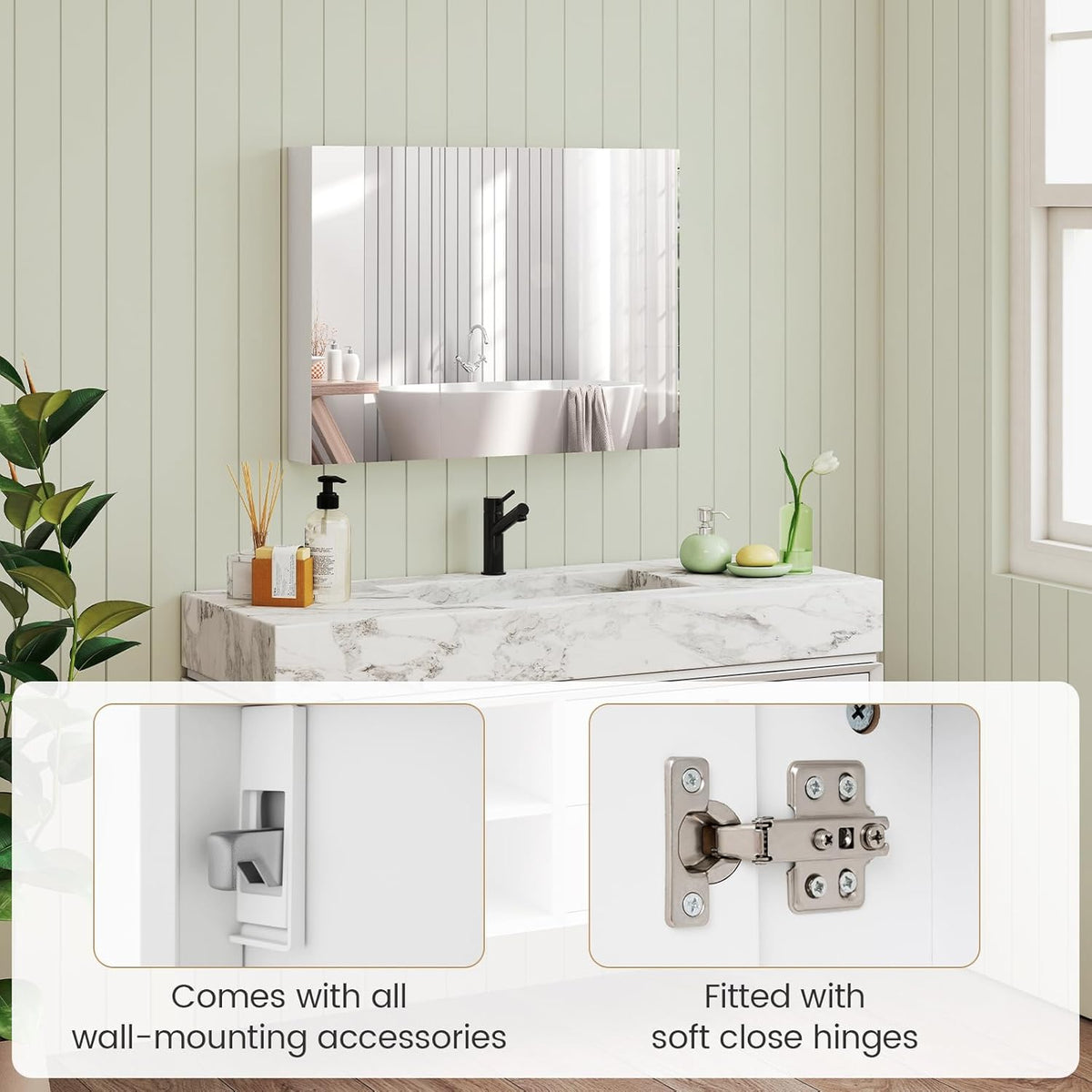 Giantex Bathroom Mirror Cabinet, Wall Mounted Medicine Cabinet with 3 Frameless Mirrored Doors & Mounting Hardware, Hanging Storage Cabinet for Recess or Surface Mount, 35.5” x 25.5”