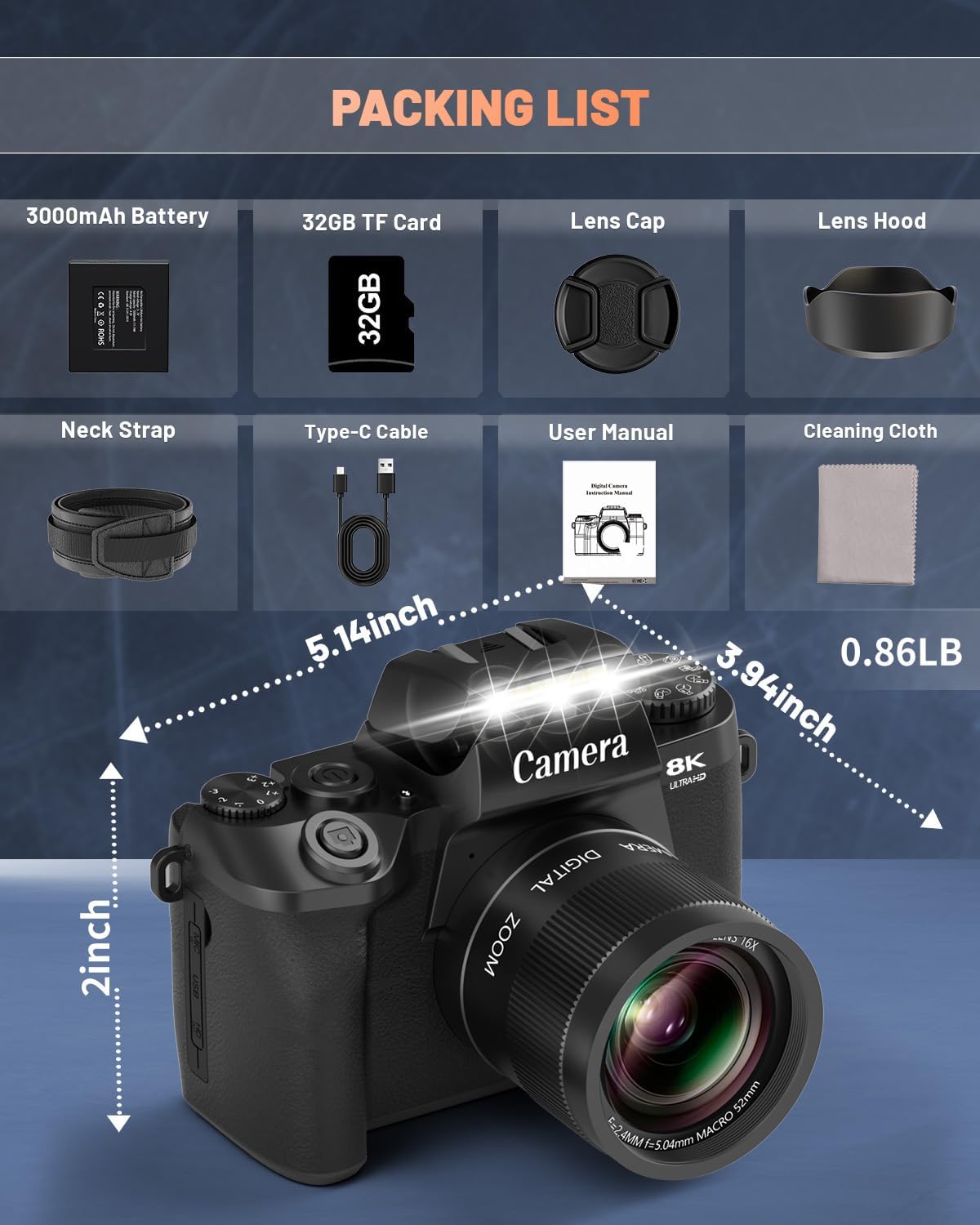 8K Digital Camera for Photography, Vlogging Camera for YouTube with Autofocus, 4 Inch Touchscreen 16X Digital Zoom Video Camera with 3000mAh Battery, Dual-Lens, Lens Hood, 32GB TF Card and Flash,Black