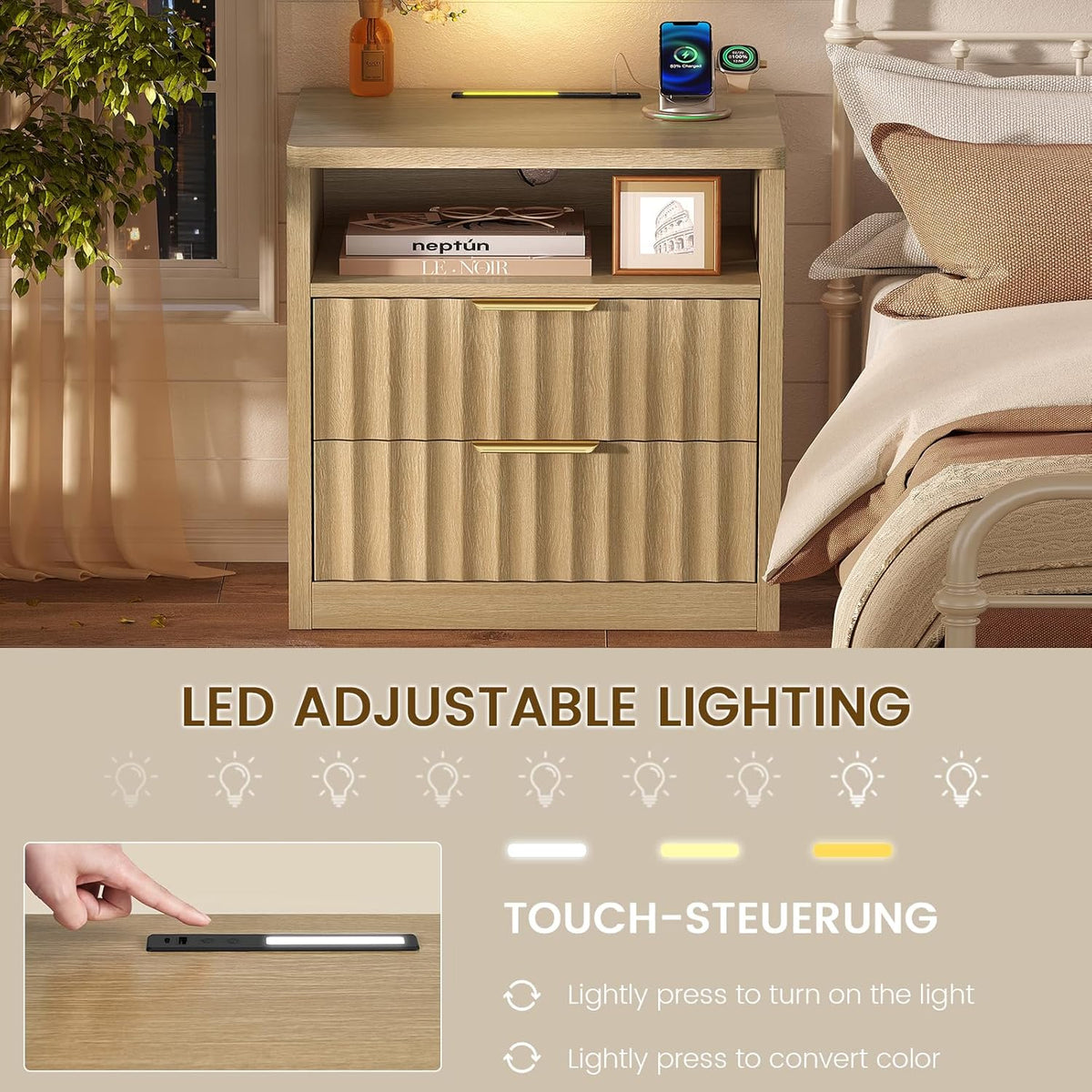 TEENFON Fluted Nightstands Set of 2, Night Stand with Charging Station and LED Light, Storage Drawer and Open Shelf, Modern Bedside Table for Small Space, for Bedroom, Natural