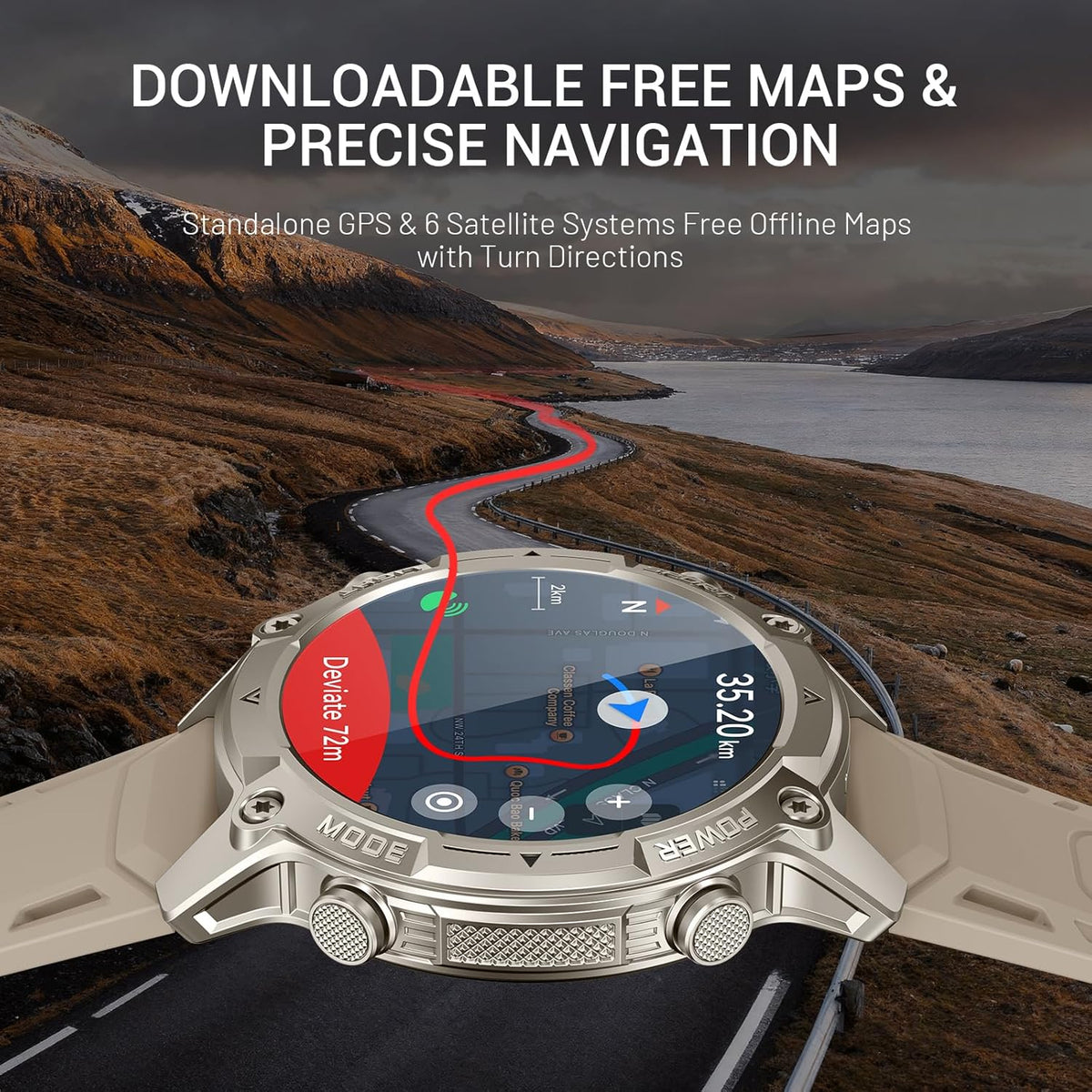 Men's Outdoor Smartwatch, Standalone GPS & Offline Maps, 5ATM Waterproof, 1.43" AMOLED, 4GB Memory, 178 Sports Modes, Compass, Heart Rate/SpO2/Stress/Sleep Monitor, Compatible Android and iOS Khaki