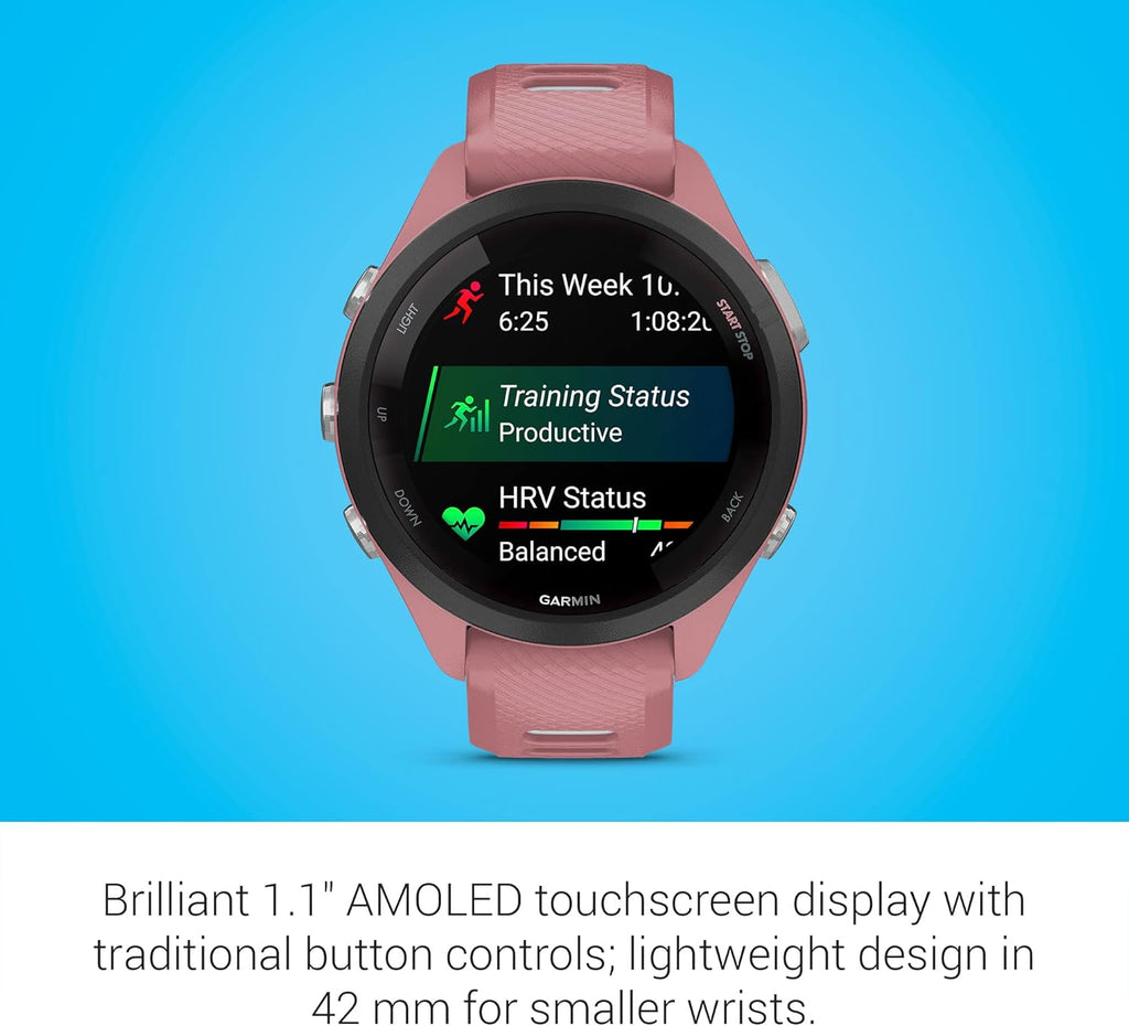 Garmin Forerunner 265S Running Smartwatch, Colorful AMOLED Display, Training Metrics and Recovery Insights, Light Pink and Powder Gray