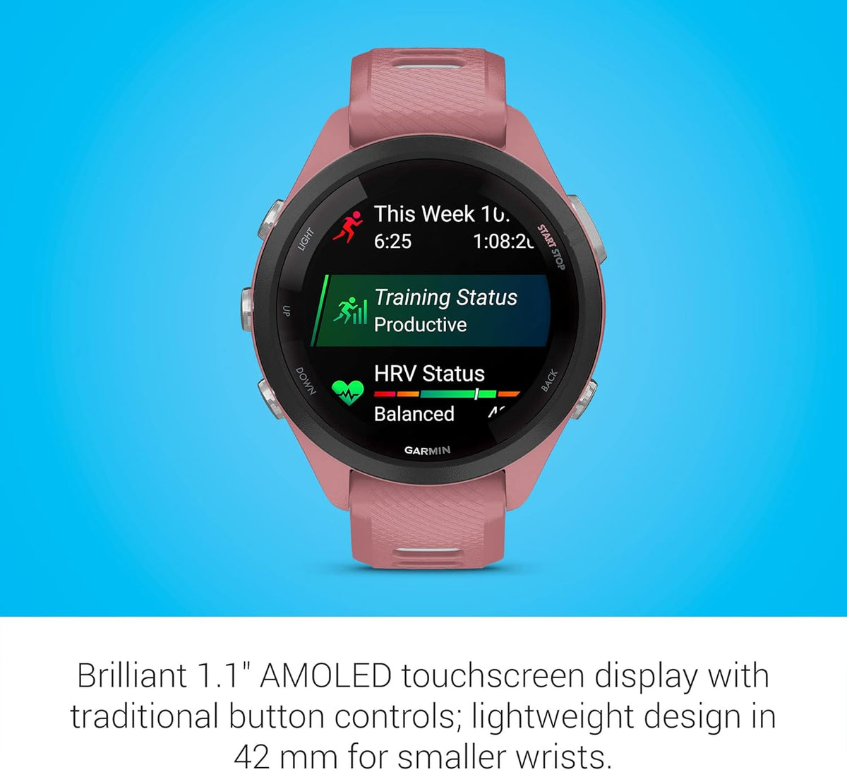 Garmin Forerunner 265S Running Smartwatch, Colorful AMOLED Display, Training Metrics and Recovery Insights, Light Pink and Powder Gray