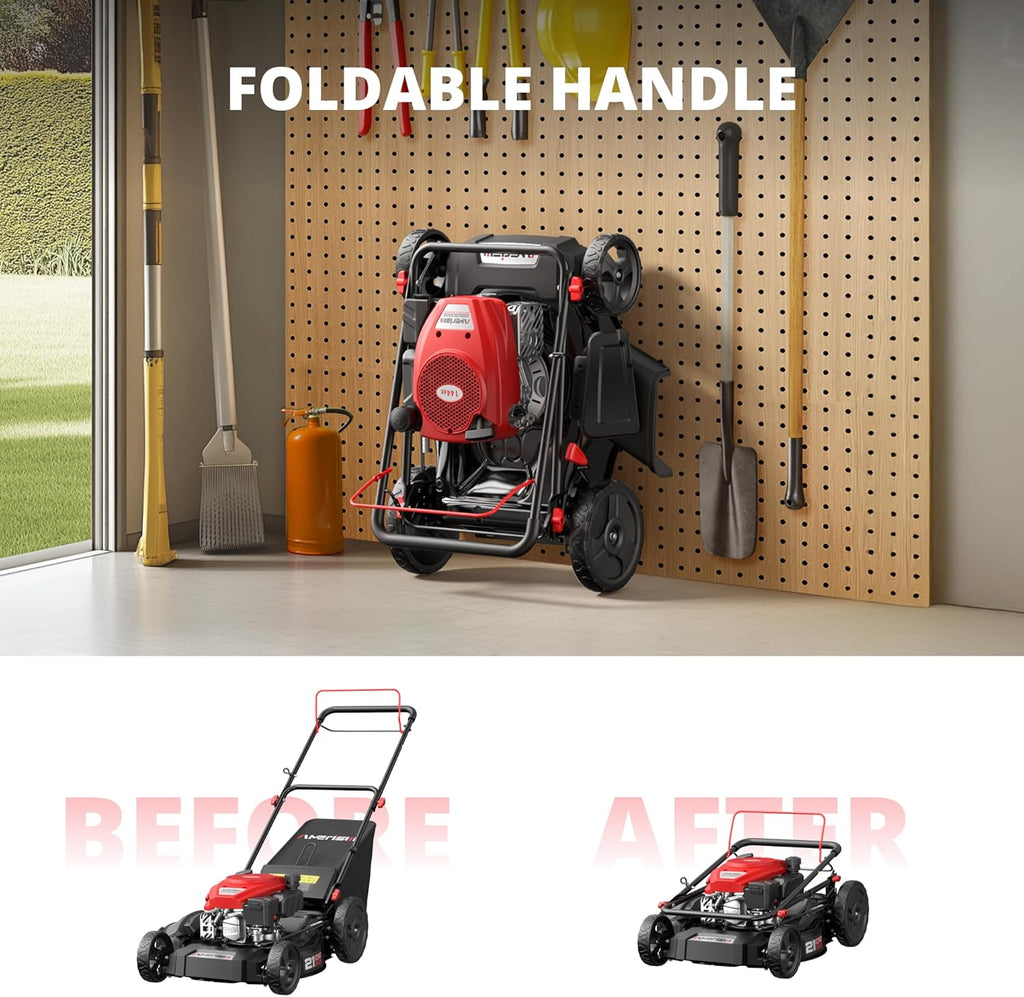 21" Gas Push Lawn Mower, Rugged Steel Deck, 3-in-1 Versatile Mower, 144cc OHV Engine, 6-Level Height Adjustment, Large Grass Collector, Easy Maneuverability for Home & Garden