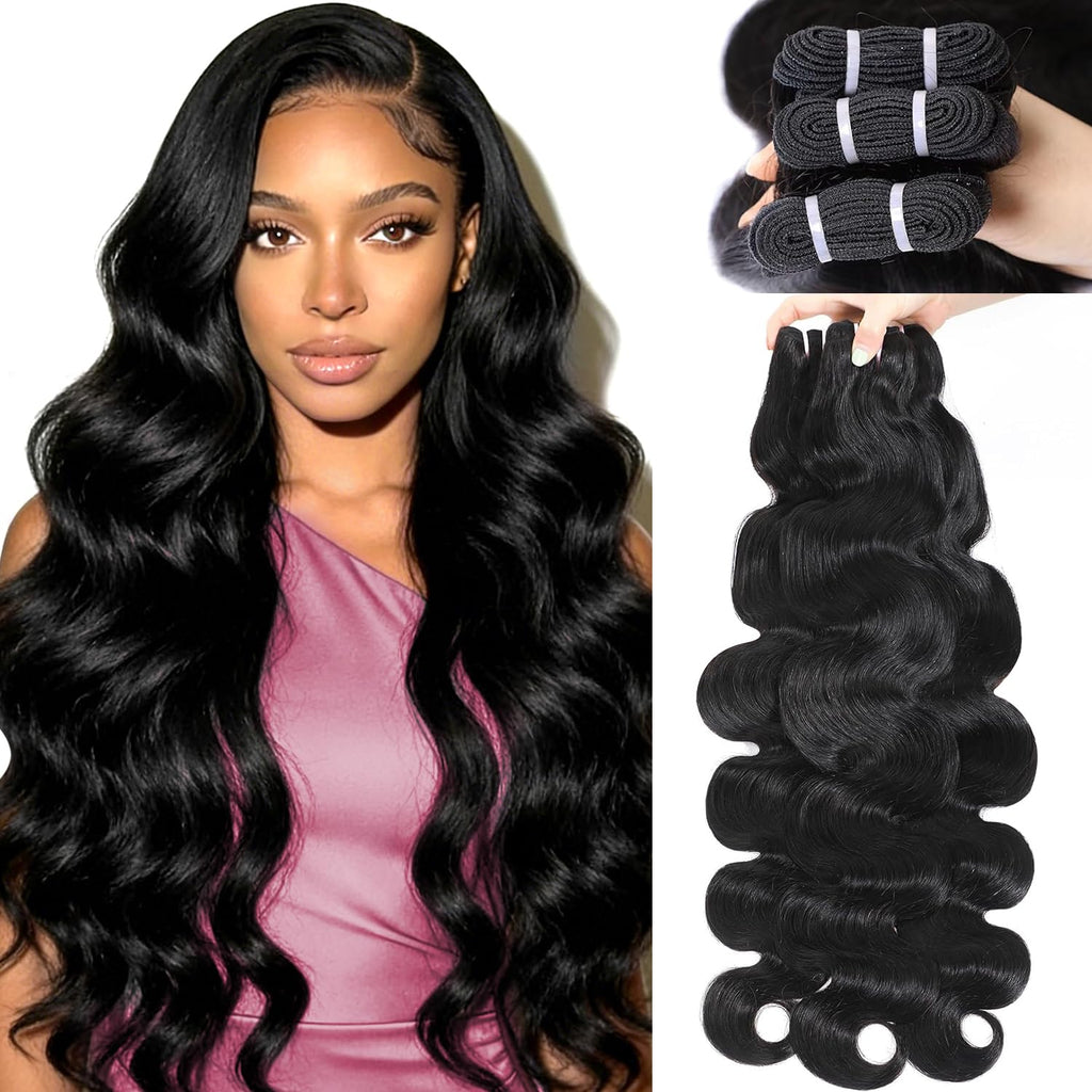 16A Raw Human Hair Bundles Body Wave Bundles Human Hair 20 22 24 Inch 100% Unprocessed Indian Human 3 Bundles for Women Human Hair Extensions Quick Weave No Tangle Shedding Natural Black