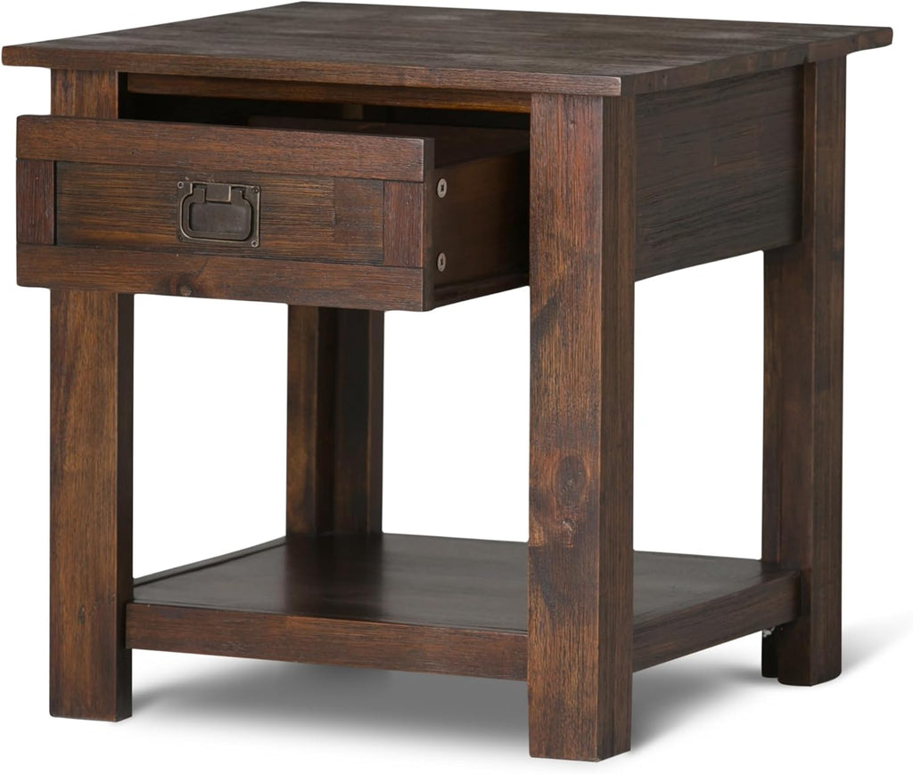 SIMPLIHOME Monroe End Table - 22 inch Wide Solid Acacia Wood Side Table in Distressed Charcoal Brown, Rustic Accent Table for Living Room or Bedroom with Drawer and Shelf