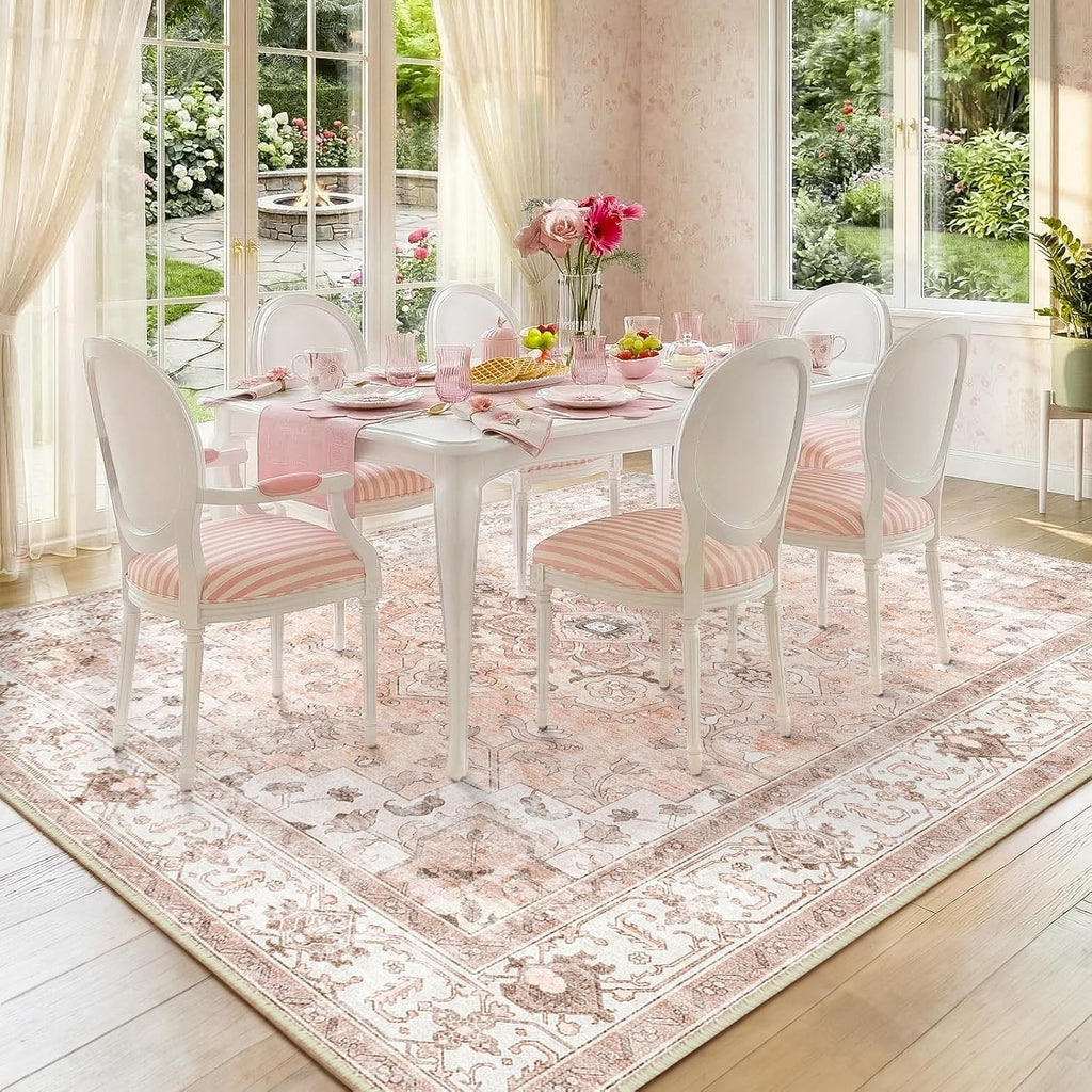 CAPALOCA Machine Washable Rugs Nursery Rug 8x10 Cute Girl Non Slip Low Pile Water Repellent Soft Print Pattern for Bedroom Indoor Decor Kids Playroom Pink