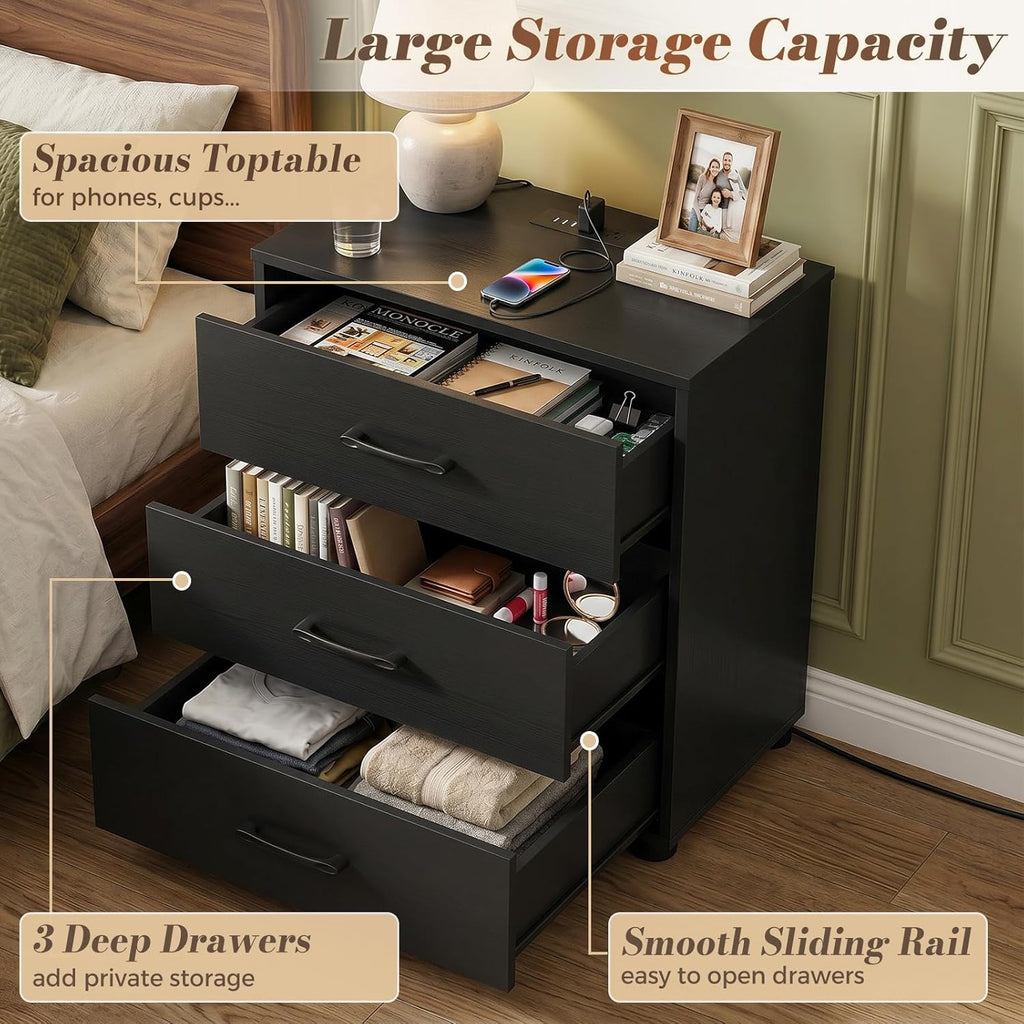 Aheaplus Night Stand with Charger Station, 21.7'' Wider Nightstands with 3 Wooden Drawers, Large Bedside Table, Modern Tall End Side Table, Nightstand for Bedroom, Black