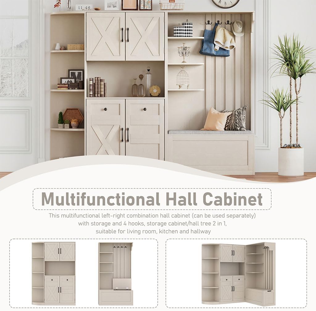 79" Multifunctional Hall Cabinet with Hooks & Storage, Left-Right Combination Entryway Organizer with Bench, 5 Cabinets, 8 Shelves, Space-Saving Mudroom Coat Rack Cabinet,Beige