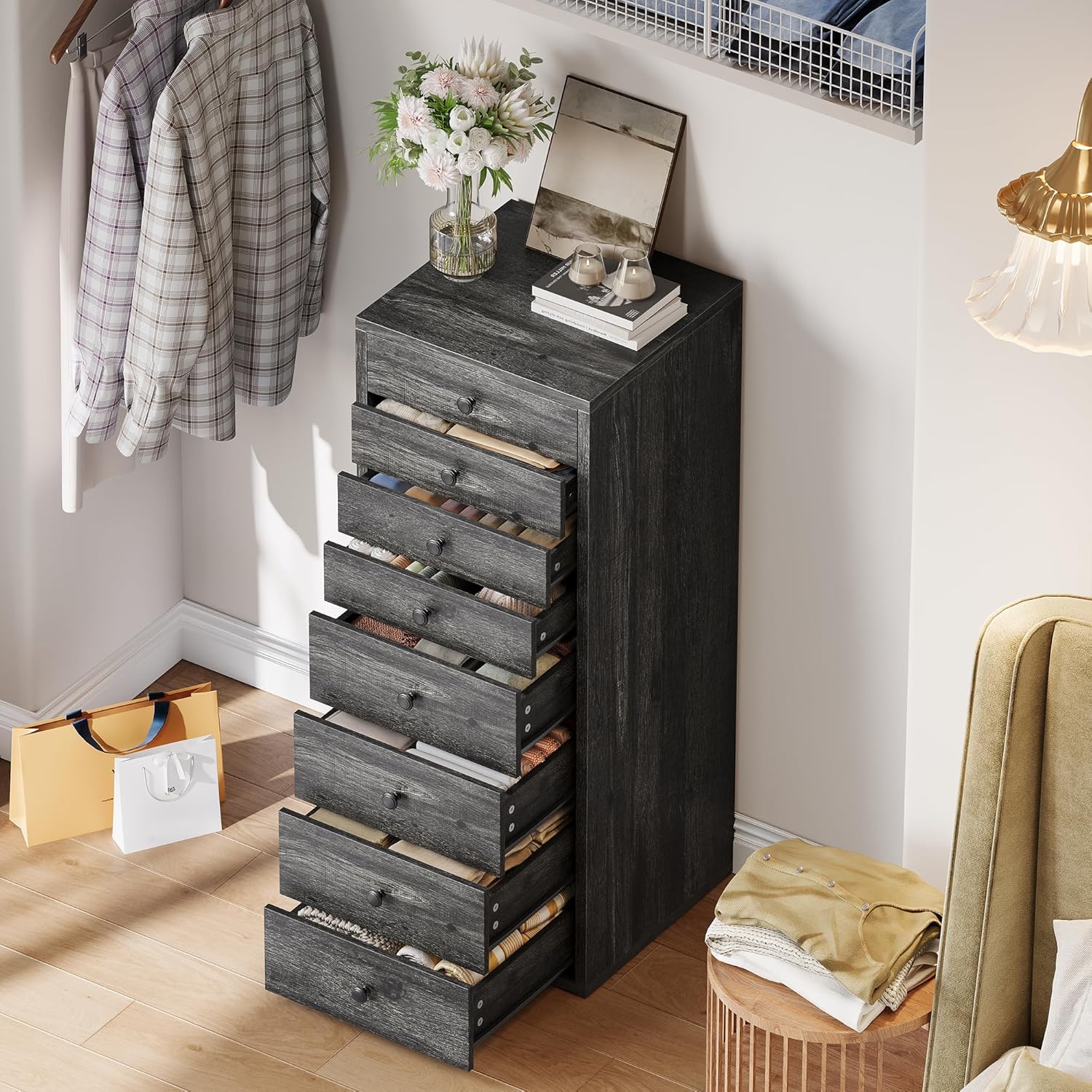 LIKIMIO Tall Dresser, Small Dressers with 8 Storage Drawers, Chest of Drawers for Organizing, Tall Narrow Dresser for Bedroom, Charcoal Grey