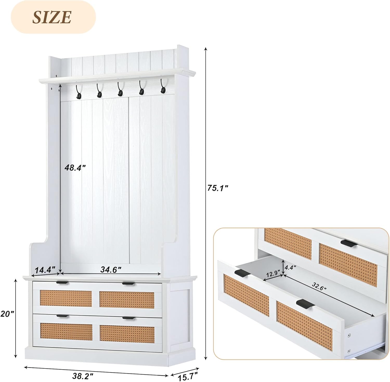 RUNNA Wooden Hall Tree with 5 Metal Hooks and 2 Large Drawers,Organizer with Bench,Top Shelves and Metal Handles,For Hallway Entryway Mudroom Use (White@Hooks)