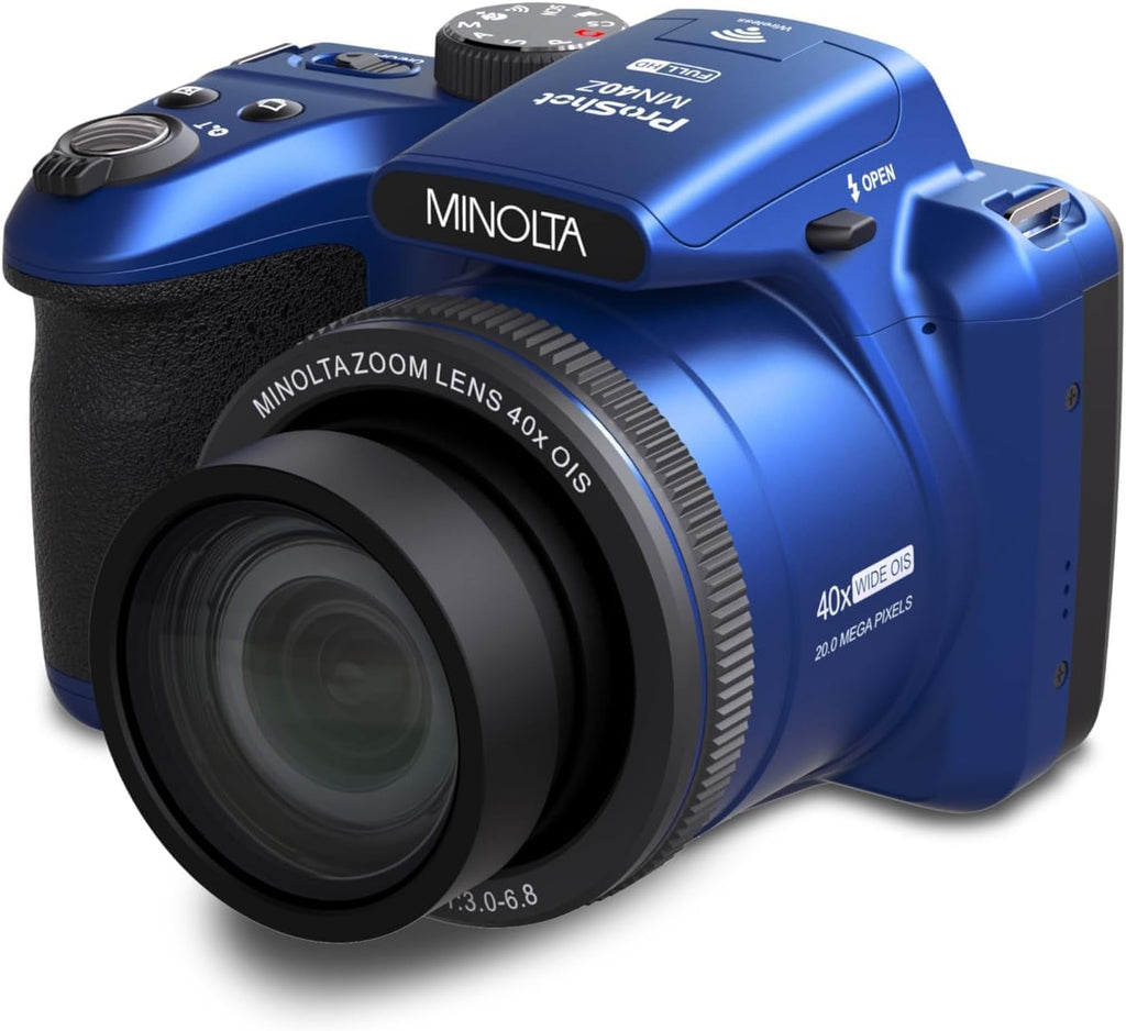 Minolta MN40Z 20MP Digital Camera – 40x Optical Zoom, 1080p FHD Video, 3.0" LCD, Wi-Fi, Face/Smile/Blink Detection – Blue