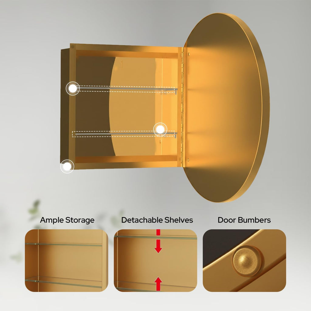 HOUSE REFLECTION 28 Inch Round Medicine Cabinets for Bathroom – Metal Frame, Adjustable Glass Shelves, HD Distortion Free Mirror Glass, Rust Resistant & Moisture-Proof, Mirrored Cabinet Door,Gold