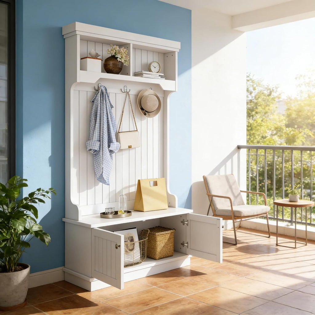 4-in-1 Entryway Hall Tree with Storage Shoe Bench, Coat Rack with Hooks, Open Shelves & Cabinet, Modern Organizer for Mudroom Hallway (White)