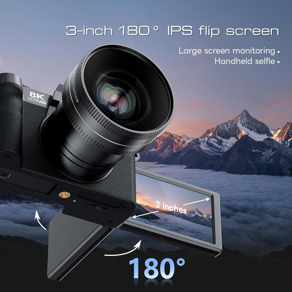 G-Anica 8K 64MP Digital Camera for Photography with Dual-Lens, WiFi Vlogging Point and Shoot Camera Kit with 180 Flip Screen, 16X Zoom, 64GB Card, Portable Camera for Beginners, Teens, 2 Batteries