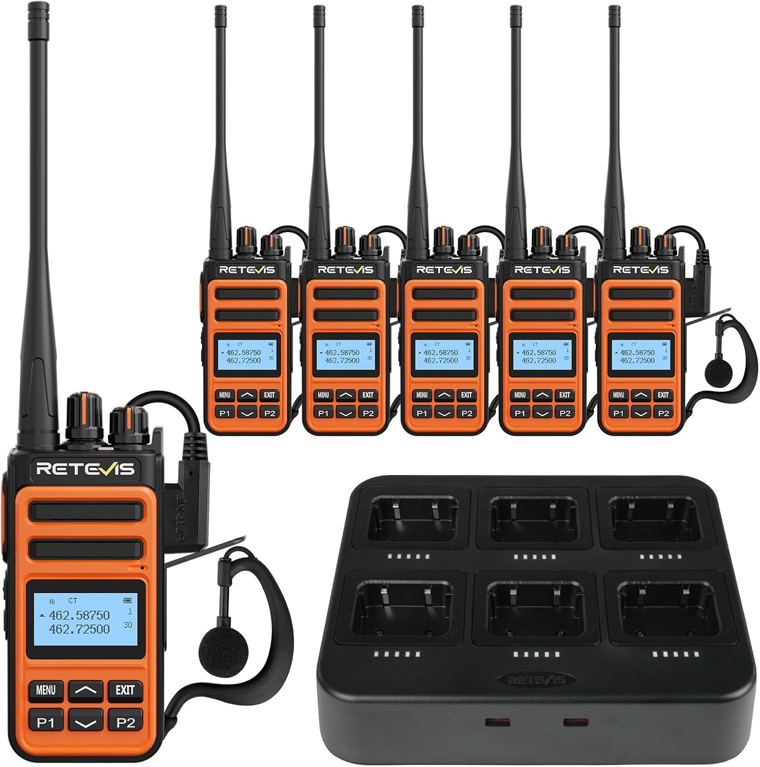 Retevis MateTalk C6B Walkie Talkies with Earpiece,Two Way Business Radios Long Range with 6 Way Charger,LCD Screen,Fast Charging,One-Key Pairing,NOAA,Rugged 2 Way Radio for Construction Farm(6 Pack)