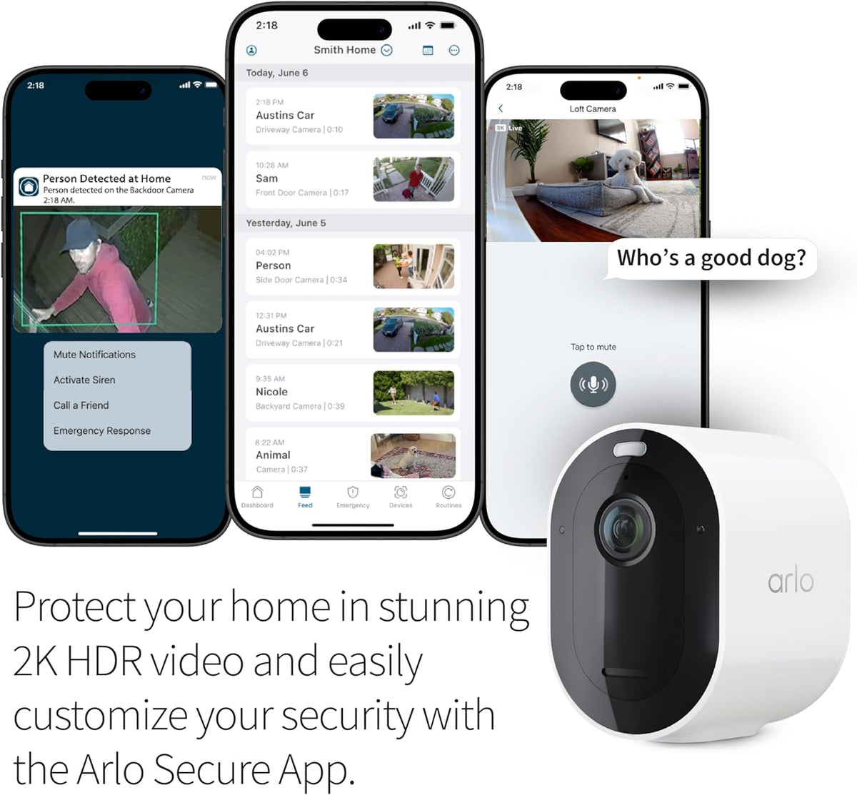 Arlo Pro 5S 2K HDR wireless outdoor security camera, color night vision, 160° FOV, rechargeable battery, weatherproof, 4-camera kit, white