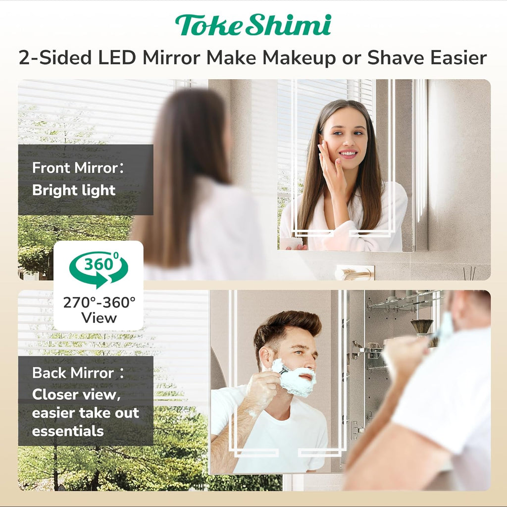 TokeShimi 48x32 Inch Lighted Medicine Cabinet, LED Medicine Cabinet with Lights, Wall-Mounted Bathroom Cabinet Mirror with 3 Color Temperature, Anti-Fog, CRI 80+, Memory Function, Tempered Glass