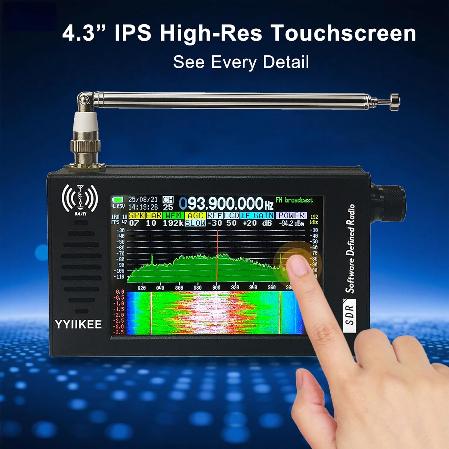 Portable SDR DSP Radio Receiver – 4.3” Touchscreen, 100KHz-149MHz, Full Band Shortwave, FM MW SSB CW HAM, 192kHz Spectrum, Waterfall Display, CNC Aluminum Alloy Case, Rechargeable Battery