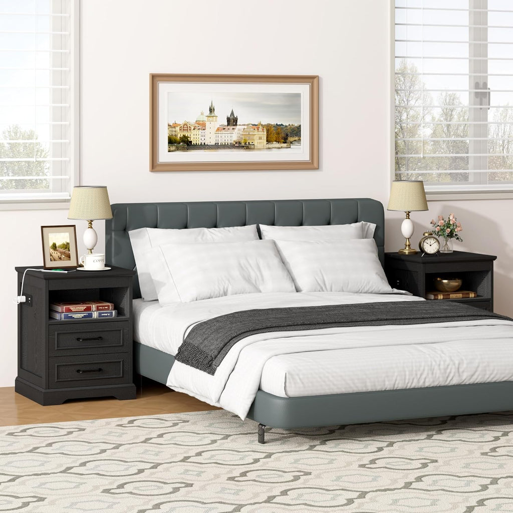 Gadroad 18" Farmhouse Accent Nightstand with Charging Station, End Table with 3 Drawers Storage, Side Table, Bedside Cabinet for LivingRoom Bedroom Office, Black