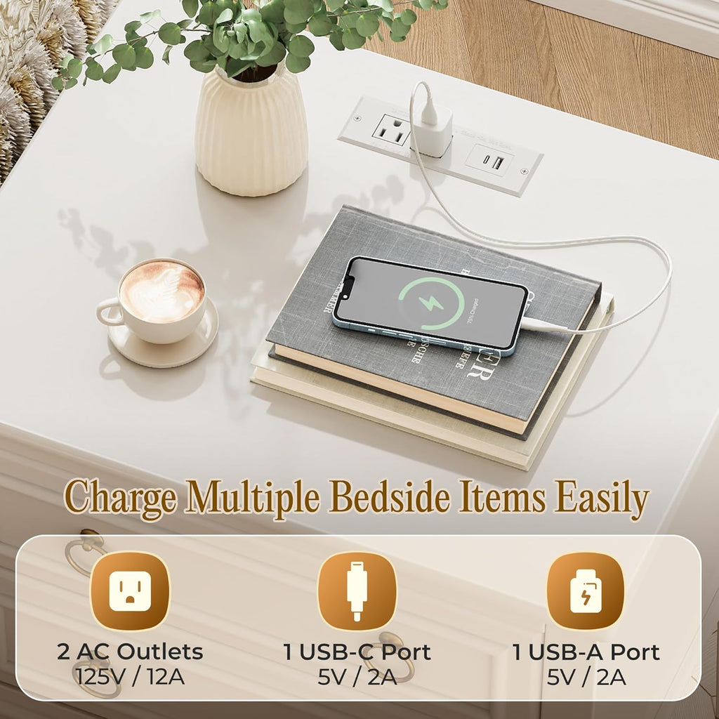Huuger 27.6 Inch Tall Nightstand with Charging Station, USB-C Port, 2 Drawers Bedside Table, Larger Night Stand with 11.4 Inch Raised Legs, Painted Side Table End Table, for Bedroom, White