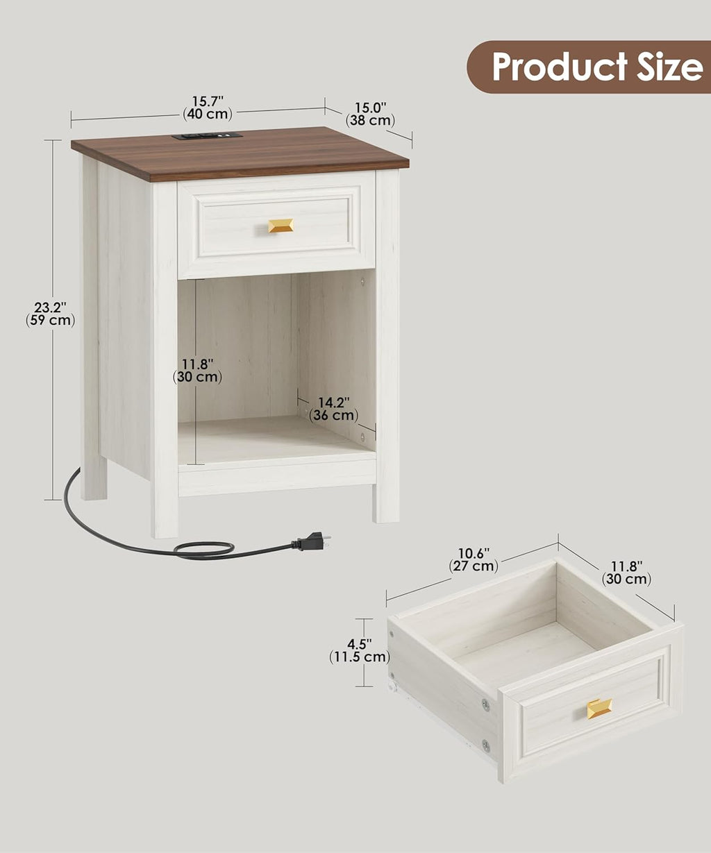 Akxomel Farmhouse Nightstands Set of 2, Night Stand with Charging Station, Wooden Side End Table with Drawer and Storage Shelf, Modern Bedside Table with Golden Handle, for Bedroom, Off White