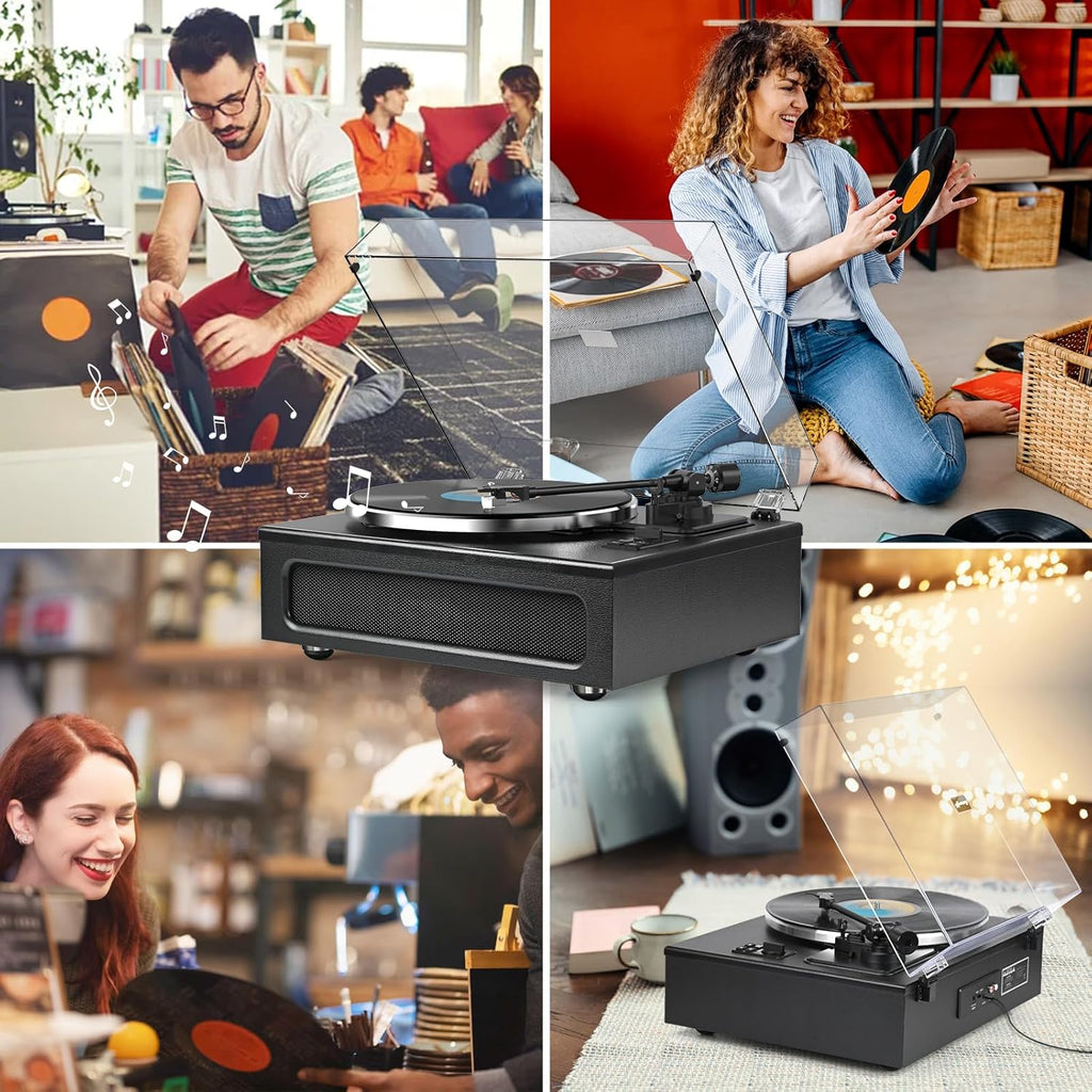 Record Player All-in-One Classic Turntable for Vinyls Records Built-in 4 Stereo Speakers High Fidelity Audio AT-3600L Phono Belt Drive Vinyl Players BT Wireless Pariing Aux-in RCA Auto Stop Pure Black