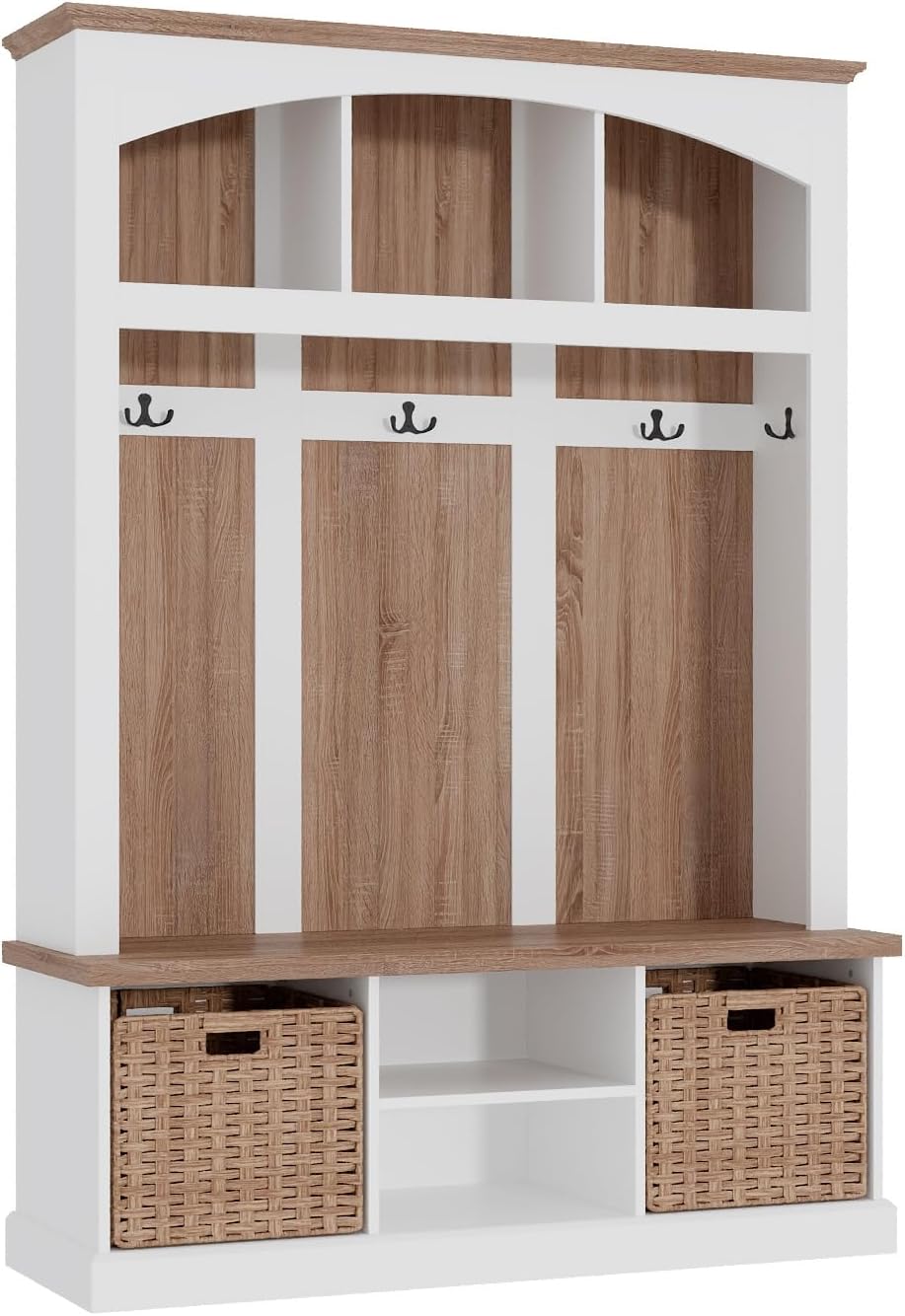 66.9" Tall Hall Tree with Bench and Shoe Storage, Modern Entryway Mudroom Furniture with Coat Rack and 2 Rattan Baskets, White and Oak Home Organizer with 5 Hooks for Foyer