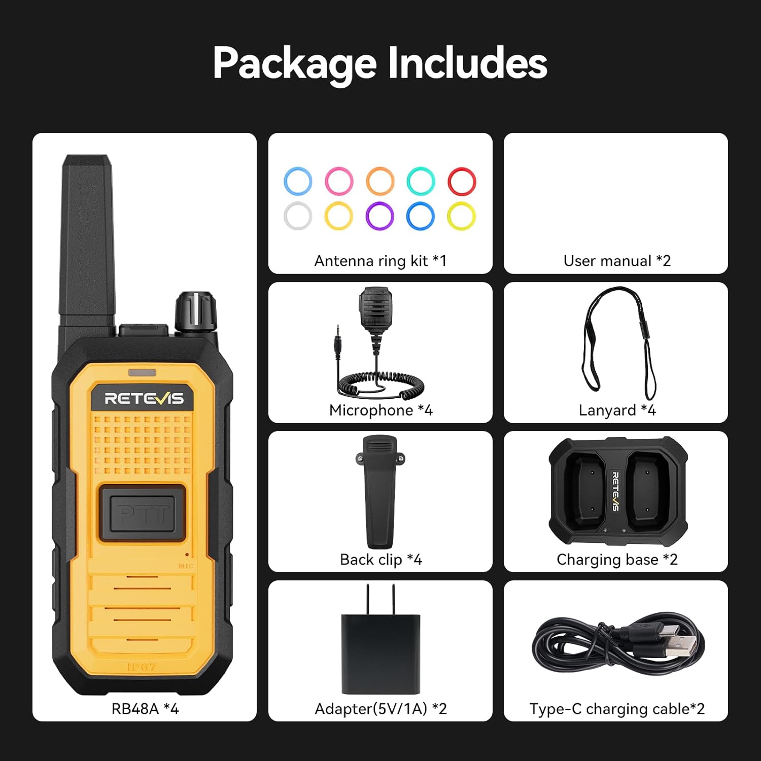 Retevis RB48A Industrial Walkie Talkies with Speaker Mic, IP67 Waterproof Noise Reduction 2 Way Radios Long Range, Oversized Front PTT, Antenna ID Rings, 1000 mW Speaker, 23-Hour Battery(4 Pack)