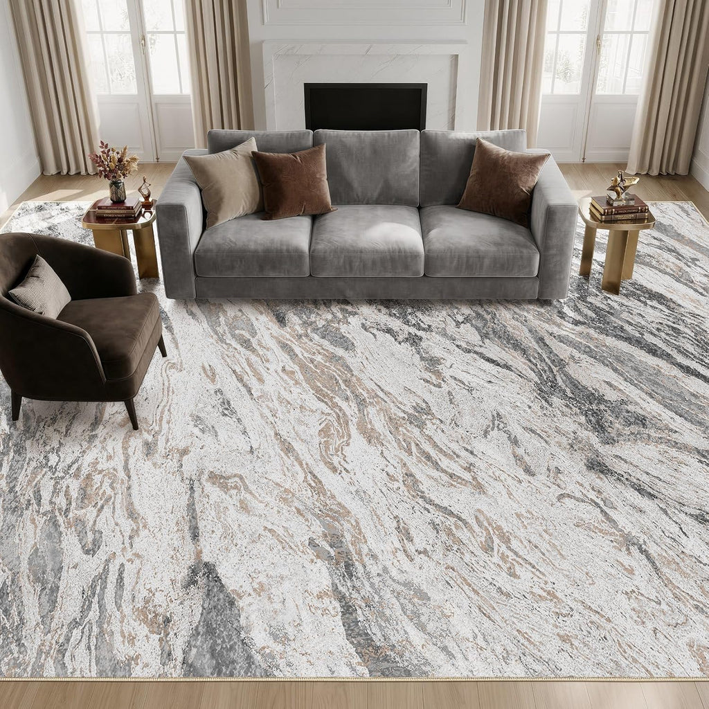 Area Rugs for Living Room: 9X12 Abstract Washable Rug Modern Neutral Large Soft Stain Resistant Non-Slip for Bedroom Dining Room Indoor Home Office Carpet - Taupe