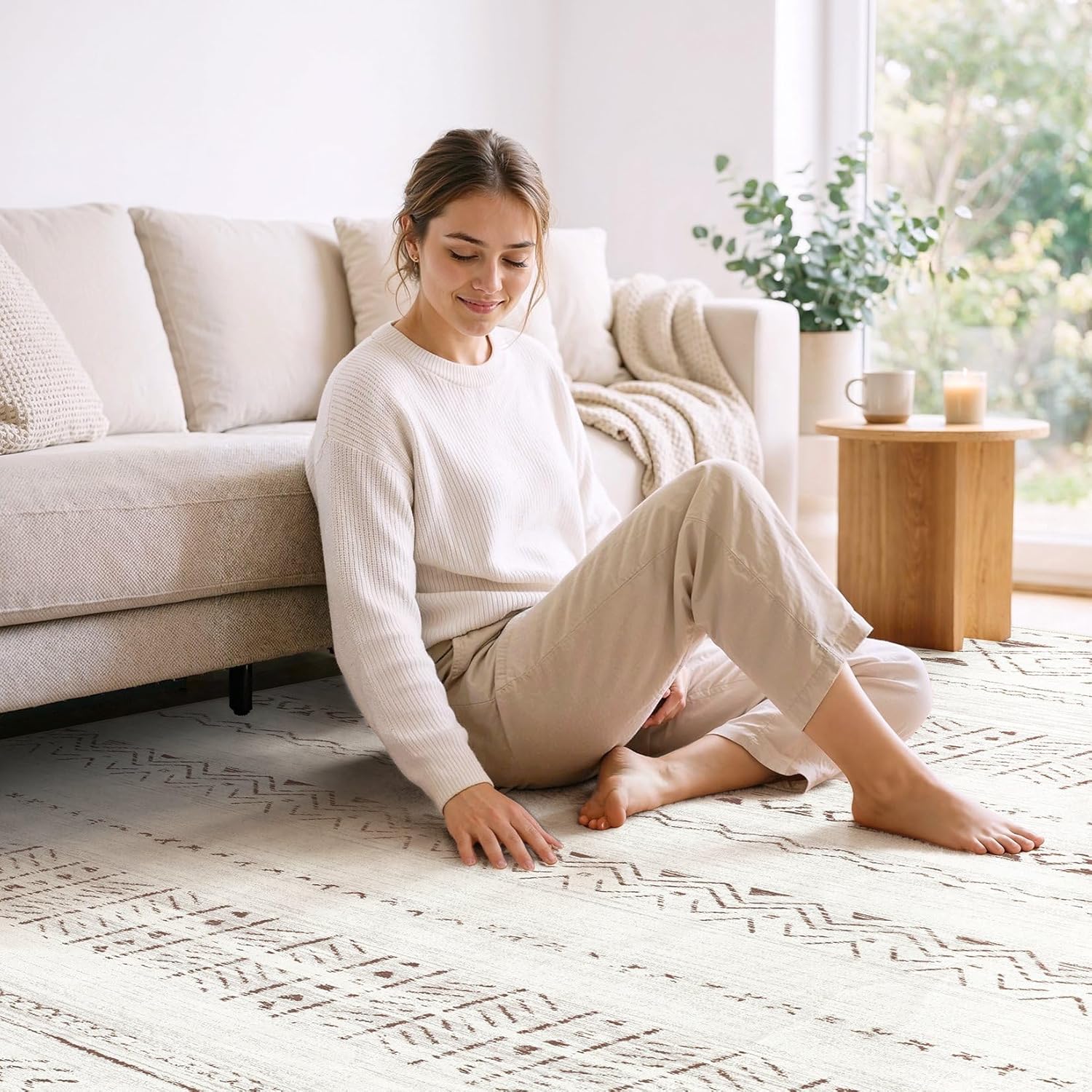 cotiled 9x12 Area Rug Living Room: Washable Boho Rugs with Non Slip Backing Large Soft Indoor Stain Resistant Carpet for Bedroom Farmhouse Dining Room Lightweight Home Decor L Brown/Cream