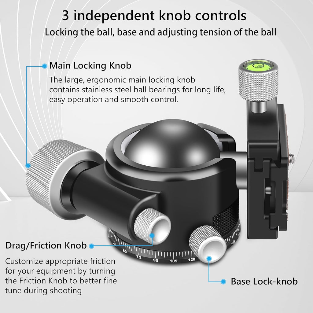 55mm Low Profile Ball Head Tripod Ball Head ARTCISE KB55 Heavy Duty Tripod Head All Metal CNC Machining with Three 1/4" Quick Release Plates for Tripod, Monopod, DSLR, Camcorder, Max Load 88lbs /40kg