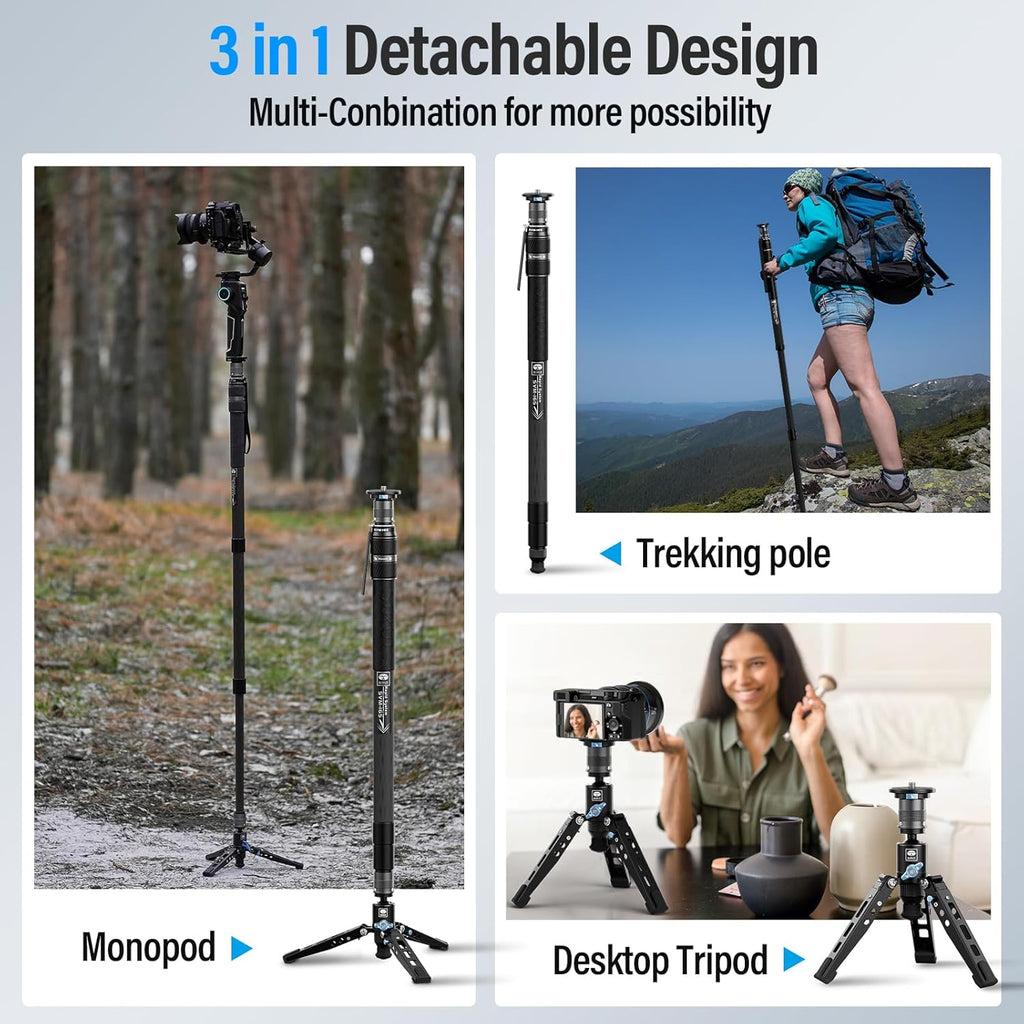 SIRUI SVM-165 Rapid Monopod for Cameras, 65” Carbon Fiber Monopod with Feet, One-Step Rapid Height Adjustment, Lightweight for DSLR Camera, Modular 3 in 1, Max Load 22lbs