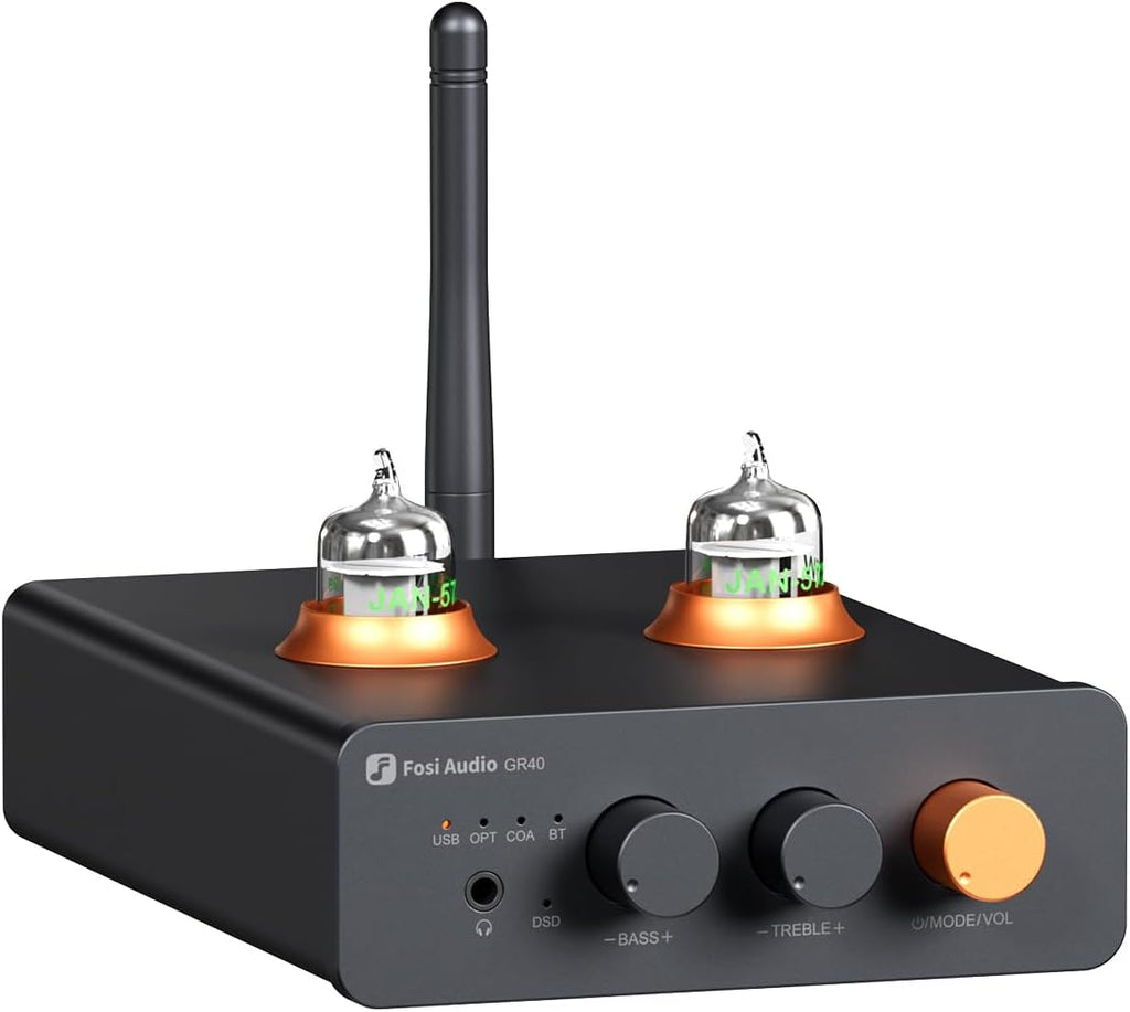 Fosi Audio GR40 Tube Preamplifier with DAC, Stereo Headphone Amplifier 3.5mm Home Audio for Active Speakers/Headphones, Digital to Analog Audio Converter Preamp with Bluetooth and USB/Opt/Coax