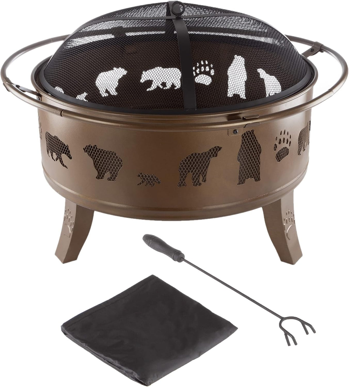Pure Garden 50-LG1202 32” Outdoor Deep Fire Pit-Round Large Steel Bowl with Bear Cutouts, Mesh Spark Screen, Log Poker & Storage Cover-Patio Wood Burning, Antique Gold