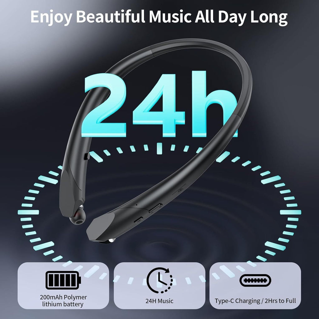 Bluetooth Neckband Headphones with Retractable Earbud Cables, 24H Battery Life, IPX5 Sweatproof Wireless Earbuds, Stereo Surround Sound for Sports, Running, Workouts