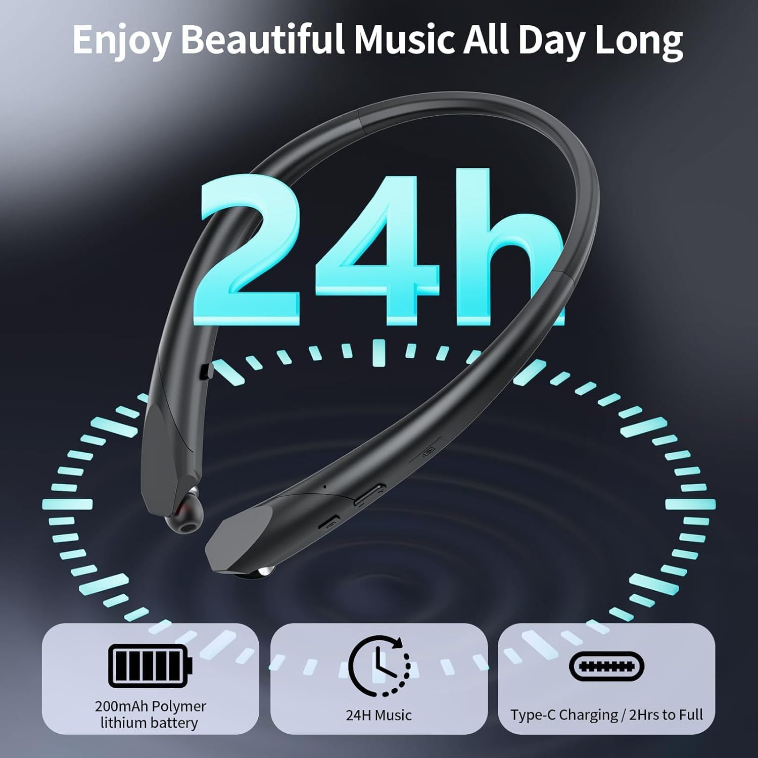 Bluetooth Neckband Headphones with Retractable Earbud Cables, 24H Battery Life, IPX5 Sweatproof Wireless Earbuds, Stereo Surround Sound for Sports, Running, Workouts