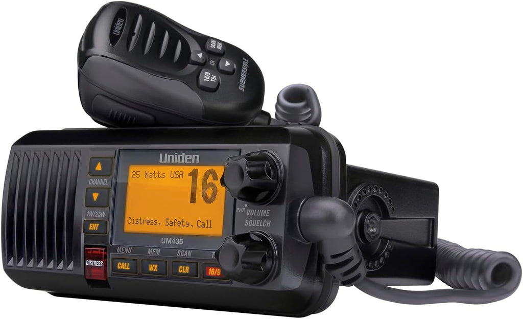 Uniden UM435BK Advanced Fixed Mount VHF Marine Radio, All USA/International/Canadian Marine Channels including new 4-Digit, CDN “B” Channels, 1 Watt/25 Watt Power, Waterproof IPX8 Submersible, Black