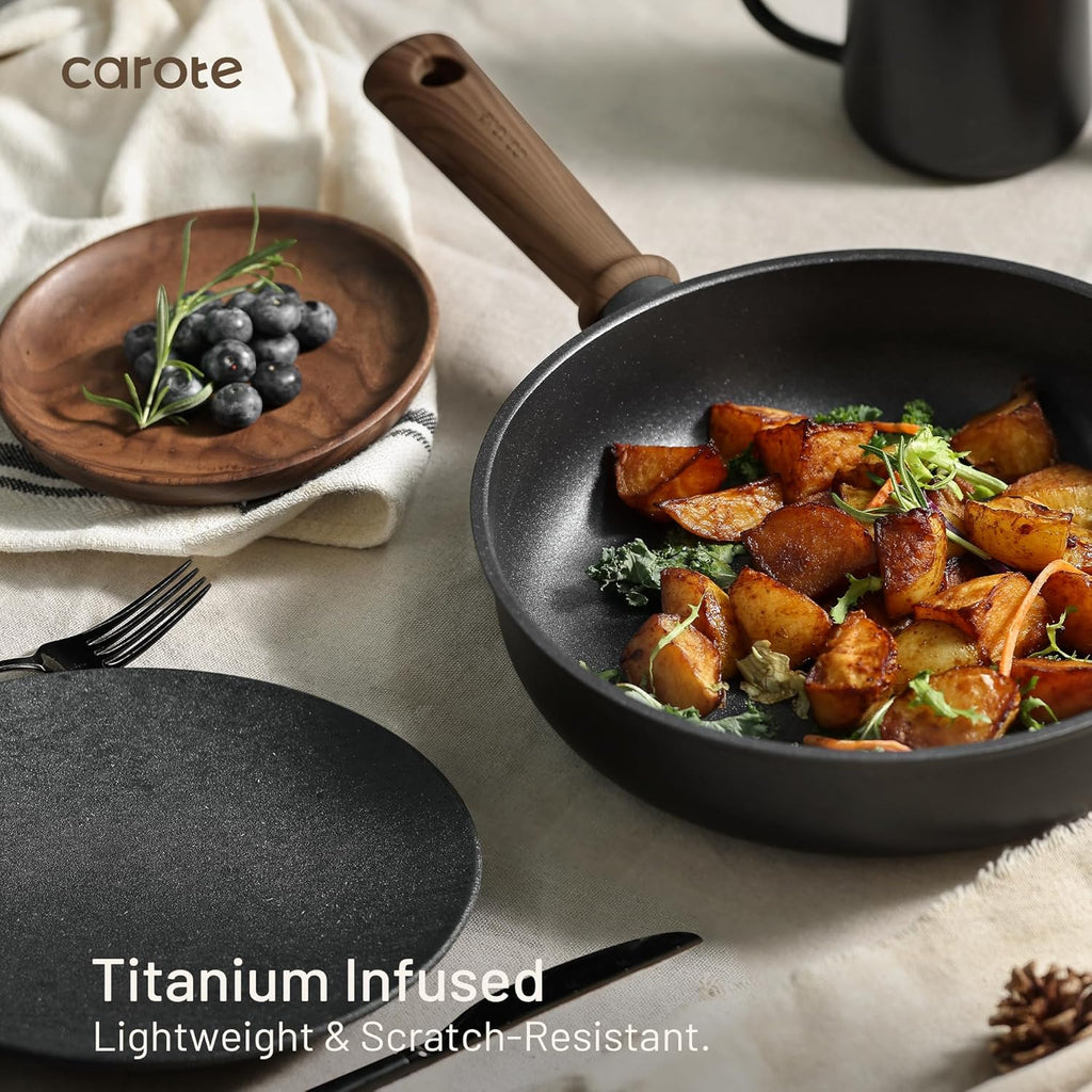 CAROTE 24Pcs Nonstick Kitchen Titanium Cookware Sets, Non stick Pots and Pans set, Induction Cookware Set Black
