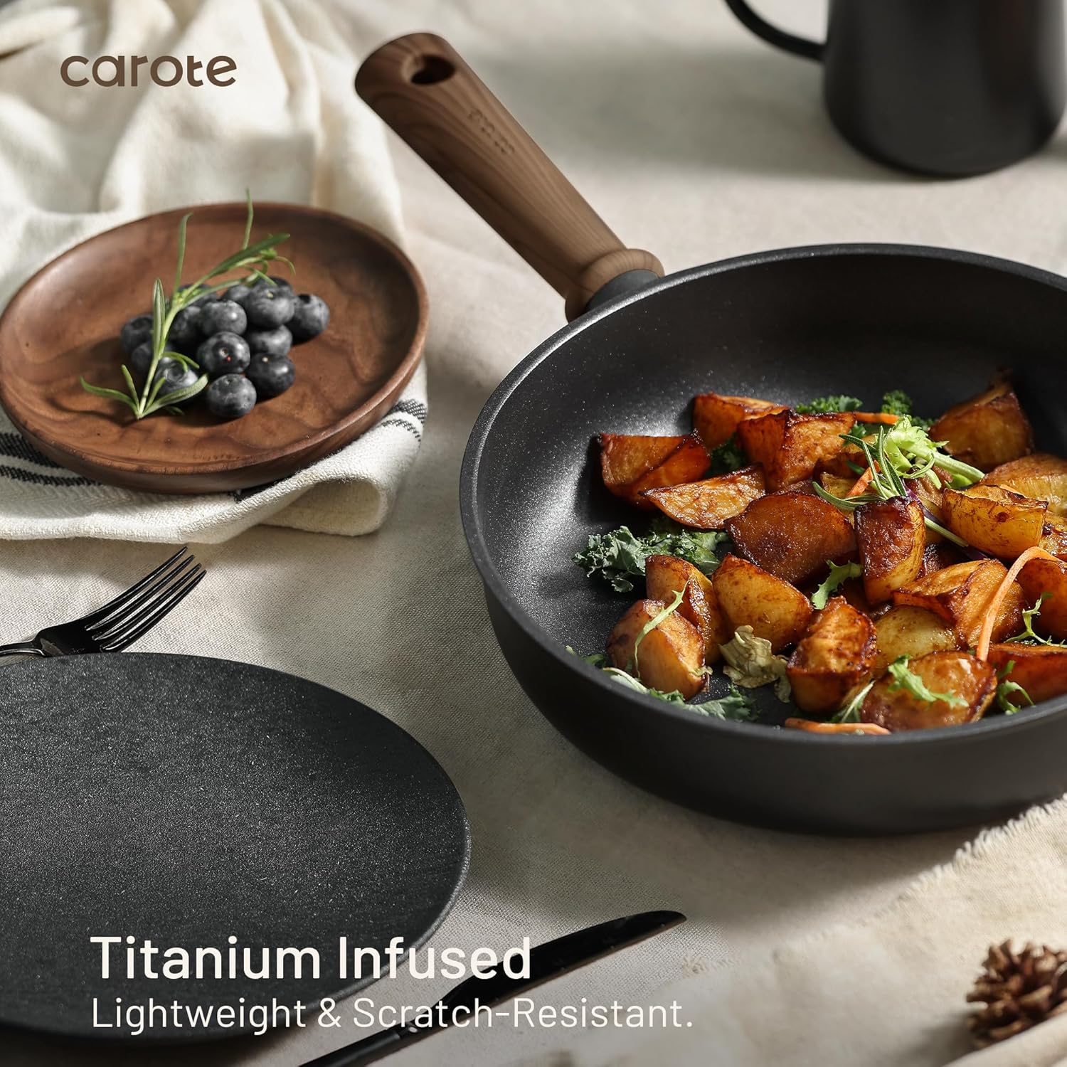 CAROTE 24Pcs Nonstick Kitchen Titanium Cookware Sets, Non stick Pots and Pans set, Induction Cookware Set Black
