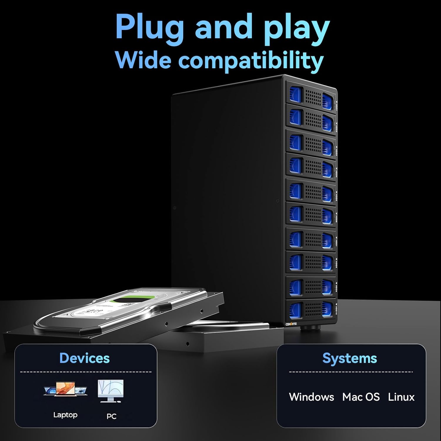 CENMATE Aluminum 10 Bay Hard Drive RAID Enclosure with Cooling Fan for 2.5/3.5" SATA HDD/SSD with USB A/C 3.0＋eSATA Cable, 3.5 Hard Drive Enclosure Supports 160TB Capacity, 8 RAID Modes, DAS(NO NAS)