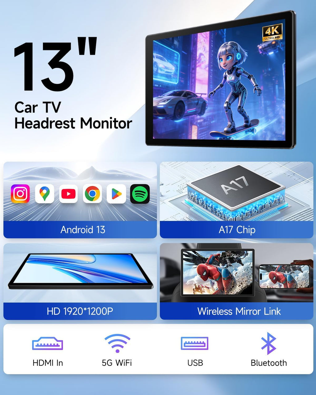 13" Android 13 Car TV for Back Seat, Headrest Monitor for Car Portable Touchscreen Rear Seat Entertainment System, Support Phone Wireless Mirror Link, HDMI in/TF Card/USB/4K Video Playback (1*pc)