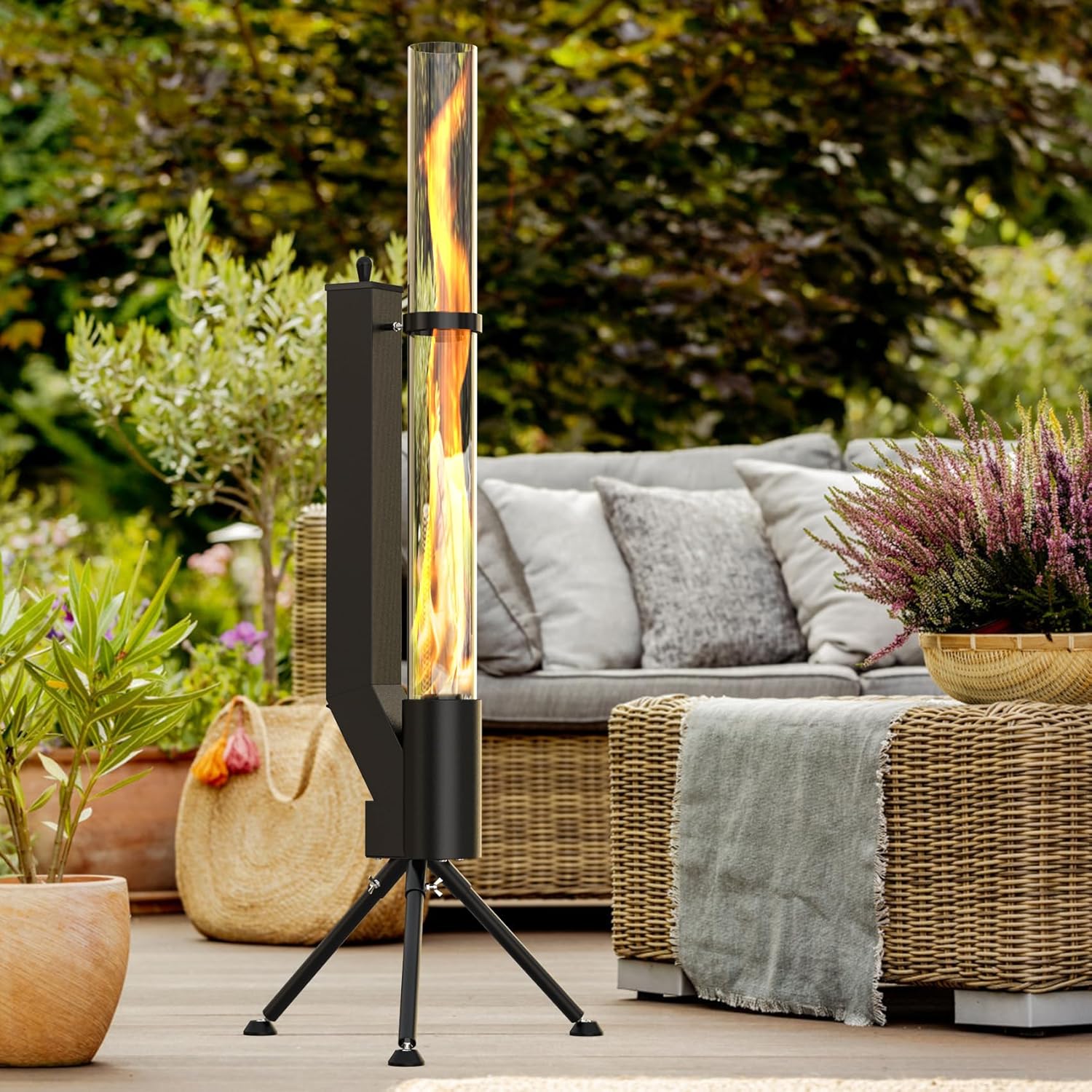 58" Wood pellet Patio Heater with Glass Tube, Portable Pellet Heater Fire Pit, Rocket Stove for Camping Backyard Porch Coffee Shop Outside Restaurant, Bonfire Party, RV, Tailgating, Beach, FP042