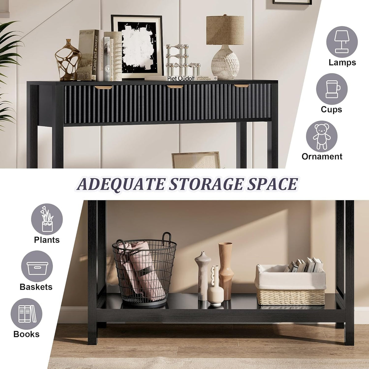 Nasonet Fluted Console Table, Wooden Sofa Table with Storage and Drawers, Farmhouse Behind Couch Table Entryway Table for Entrance, Hallway, Living Room, Black