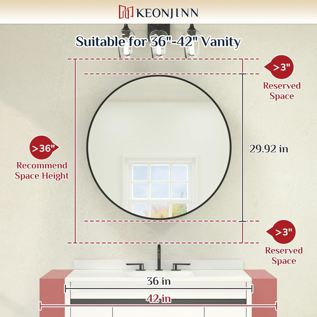 Keonjinn 30 Inch Round Lighted Medicine Cabinet, Black LED Medicine Cabinet Mirror, Circle, Electrical Outlet, 3 Color Lights, Anti-Fog, Dimmable, Surface Mount Only
