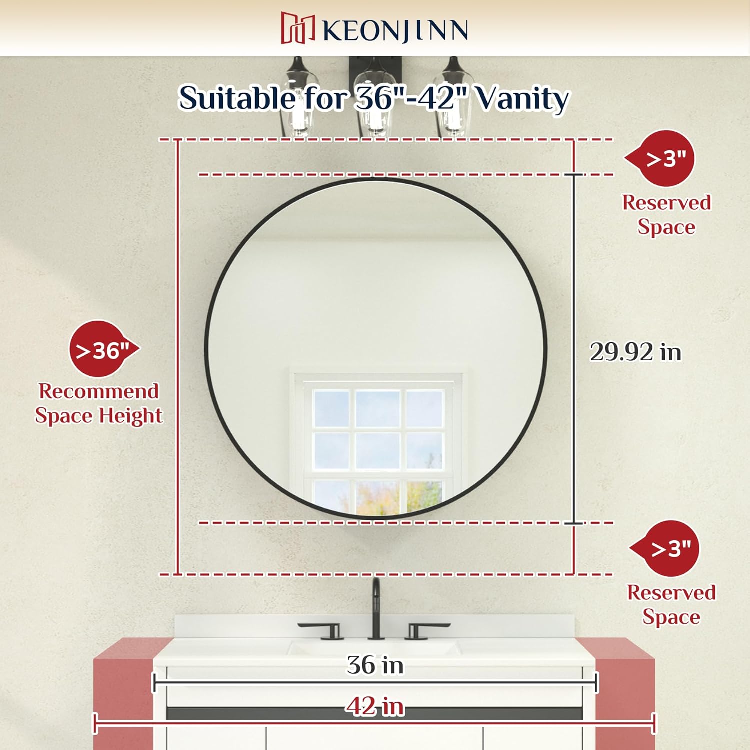 Keonjinn 30 Inch Round Lighted Medicine Cabinet, Black LED Medicine Cabinet Mirror, Circle, Electrical Outlet, 3 Color Lights, Anti-Fog, Dimmable, Surface Mount Only
