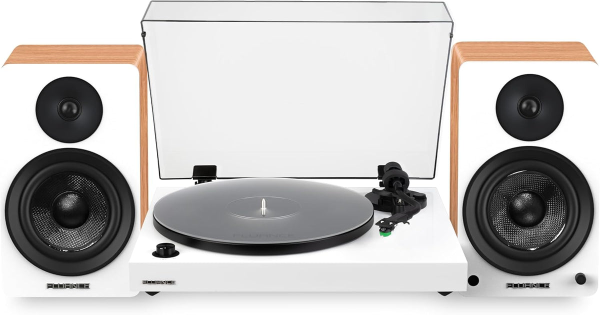 Fluance RT81+ Elite Vinyl Turntable (White) and Ai61 6.5" Stereo Bookshelf Speakers (Lucky Bamboo) Bundle: High Fidelity Sound, Detailed Audio Reproduction, Seamless Integration