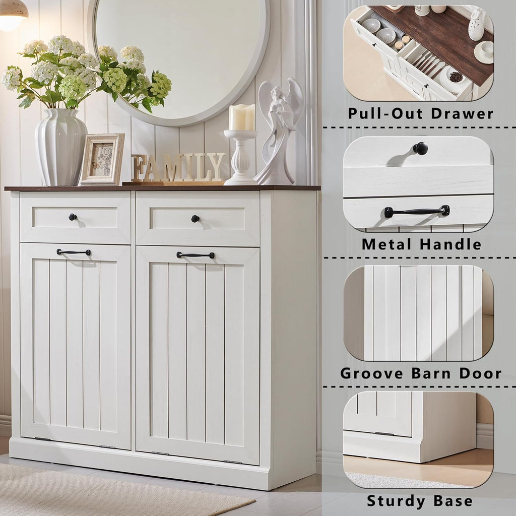 IFGET Double Tilt Out Trash Cabinet, 20 Gallon Farmhouse Laundry Hamper Cabinet with 2 Drawers, Hidden Wooden Trash Can Cabinets with Storage Basket for Kitchen, Living Room (Antique White)