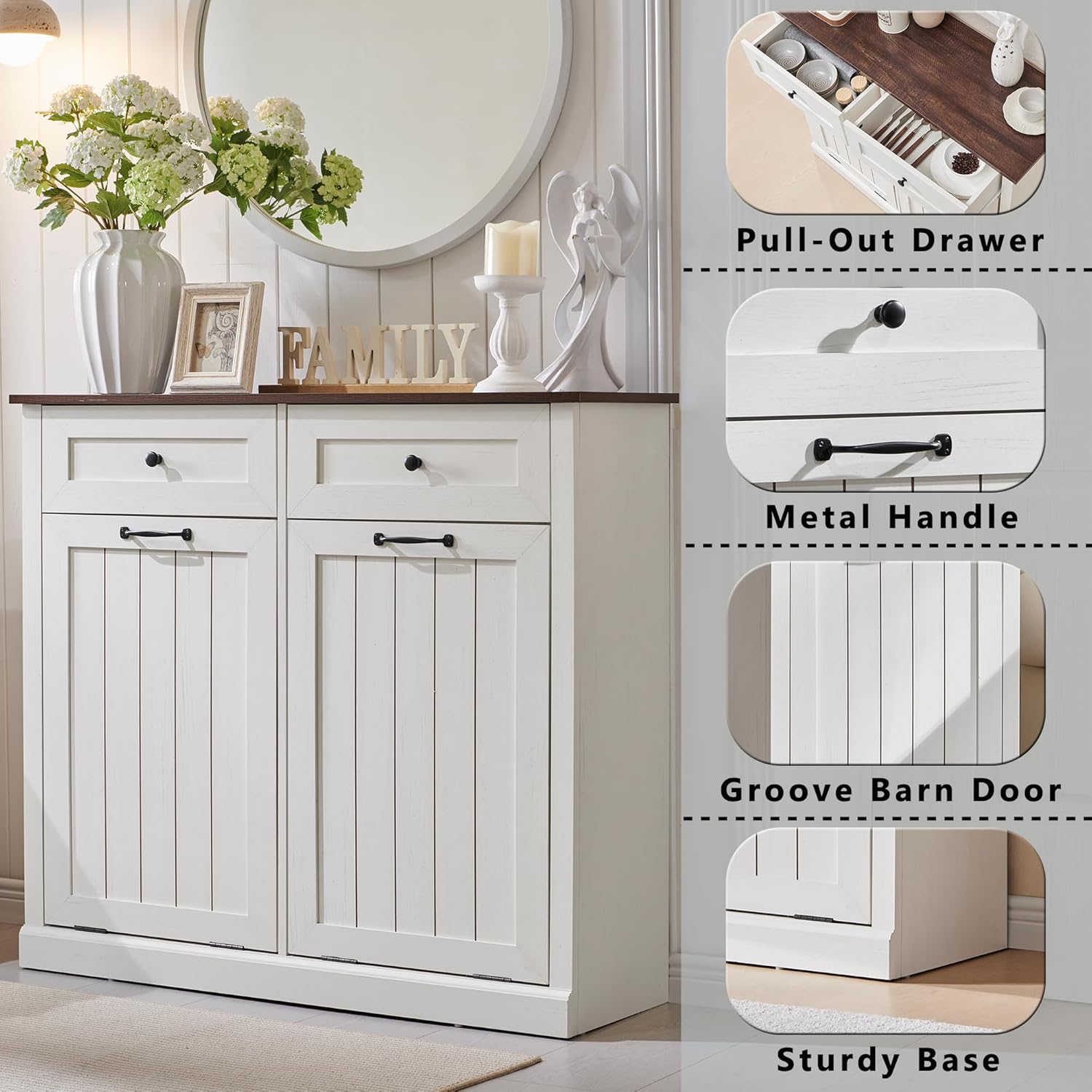 IFGET Double Tilt Out Trash Cabinet, 20 Gallon Farmhouse Laundry Hamper Cabinet with 2 Drawers, Hidden Wooden Trash Can Cabinets with Storage Basket for Kitchen, Living Room (Antique White)