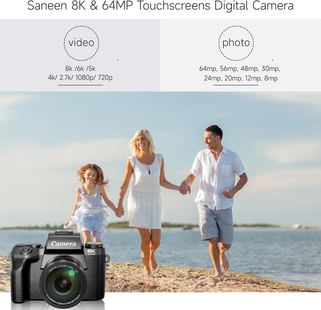 8K Digital Camera, 64MP WiFi Cameras for Photography with 4" Touchscreen, 16X Zoom Autofocus Professional Dual Camera, 3000MAh Battery, 32GB TF Card, Flash, Lens Hood